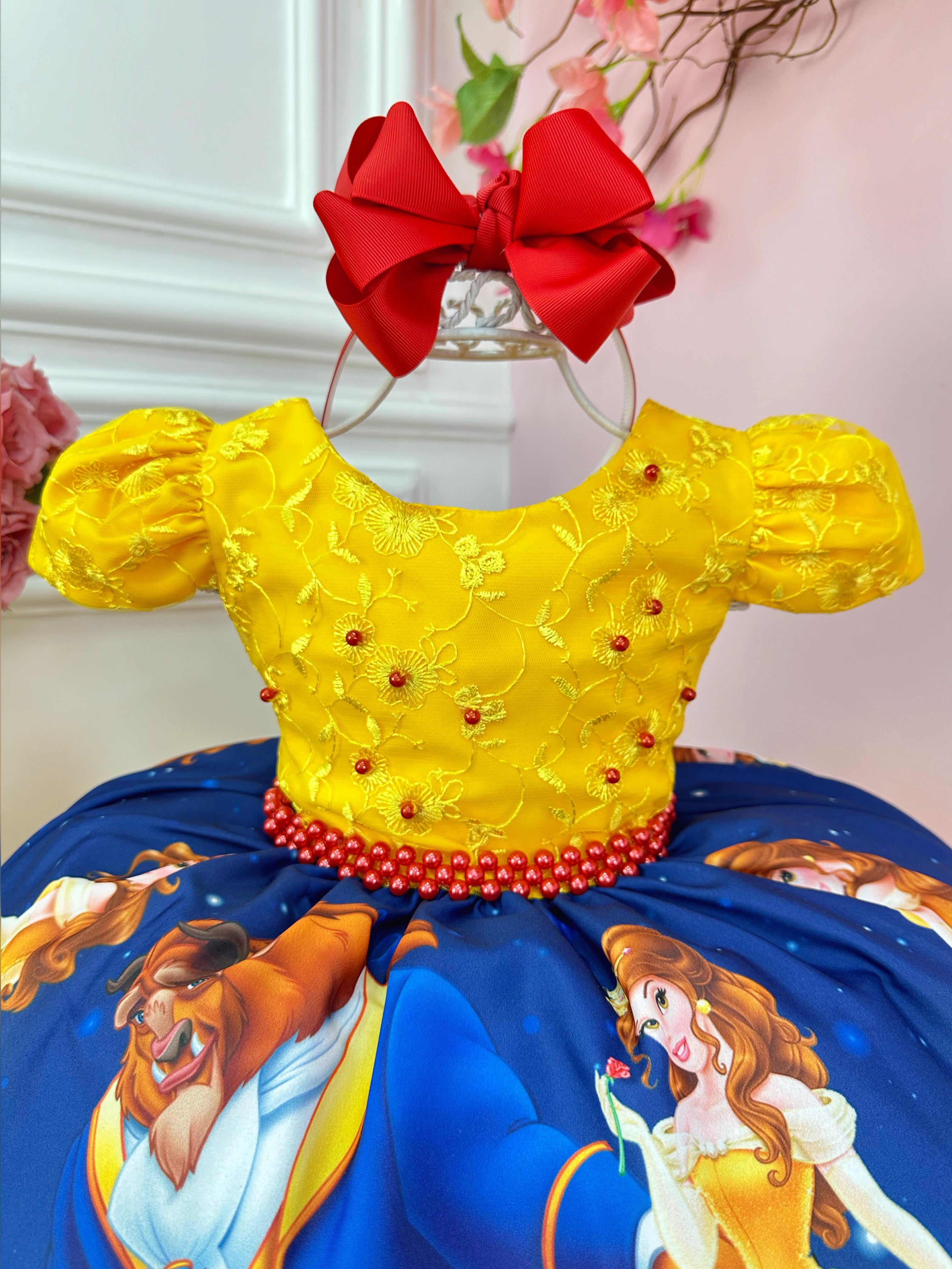 Vestido Infantil Bela e a Fera Amarelo C/ Renda Princesas