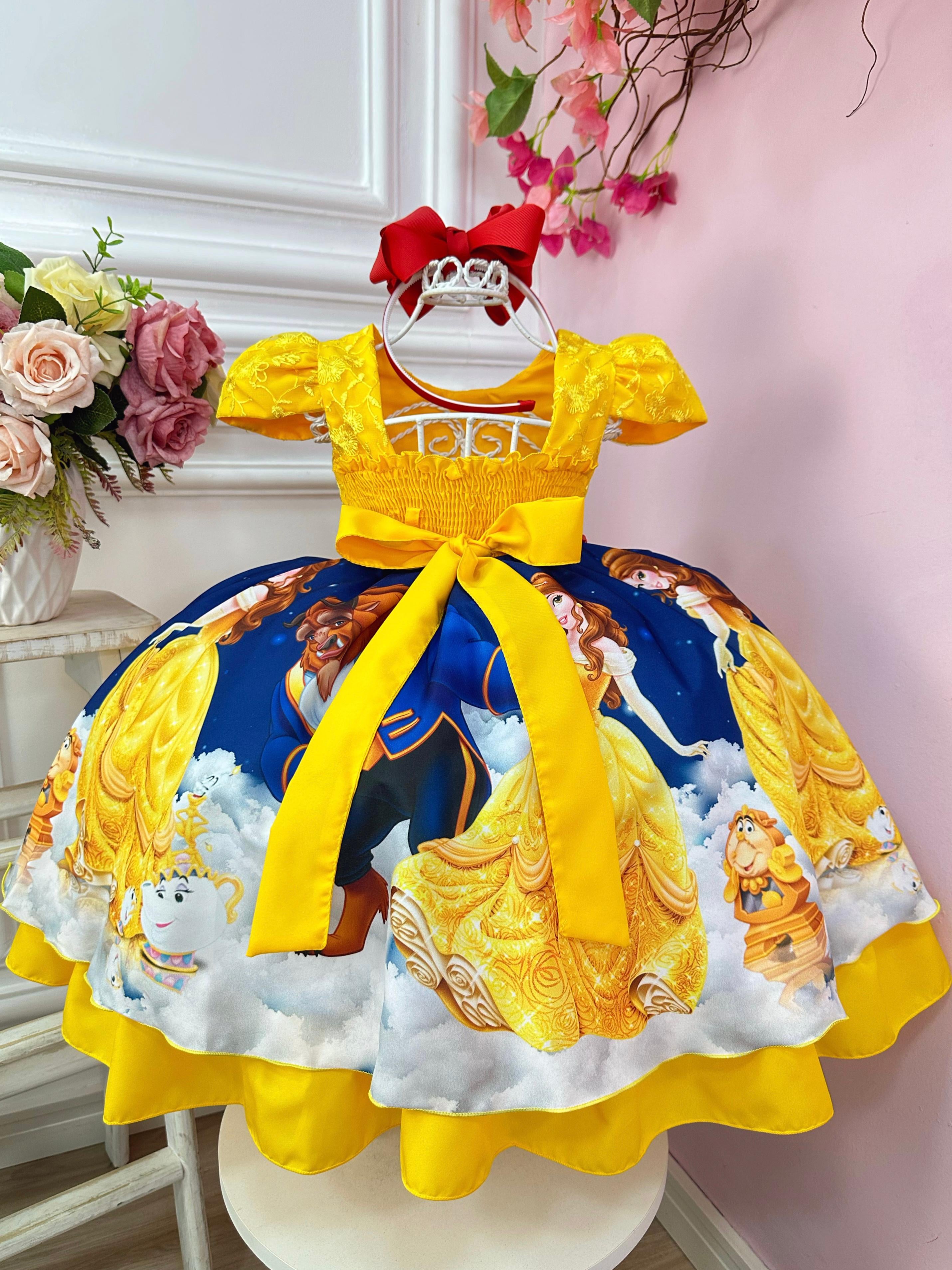 Vestido Infantil Bela e a Fera Amarelo C/ Renda Princesas