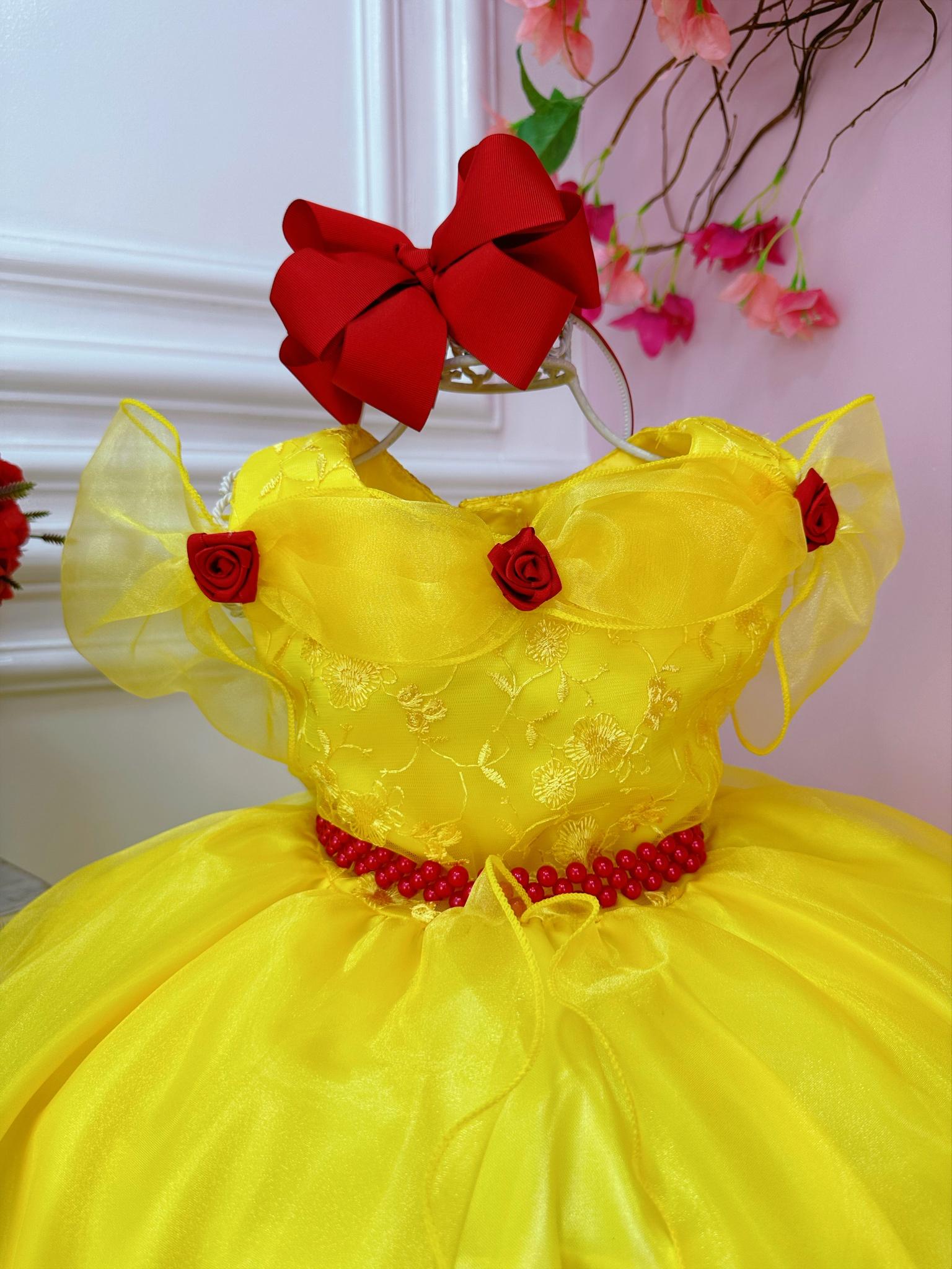 Vestido Infantil Bela e a Fera C/ Renda Aplique e Pérolas