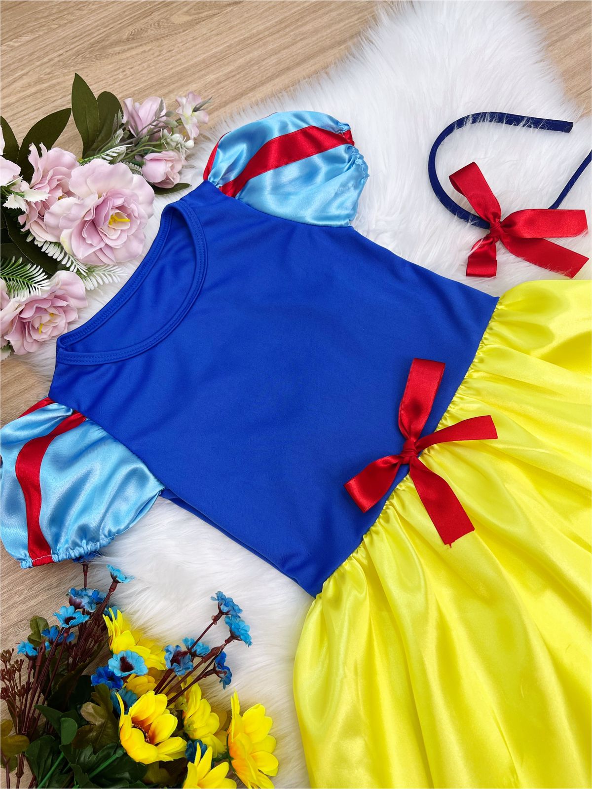 Vestido Infantil Branca de Neve Amarelo Com Tiara Luxo