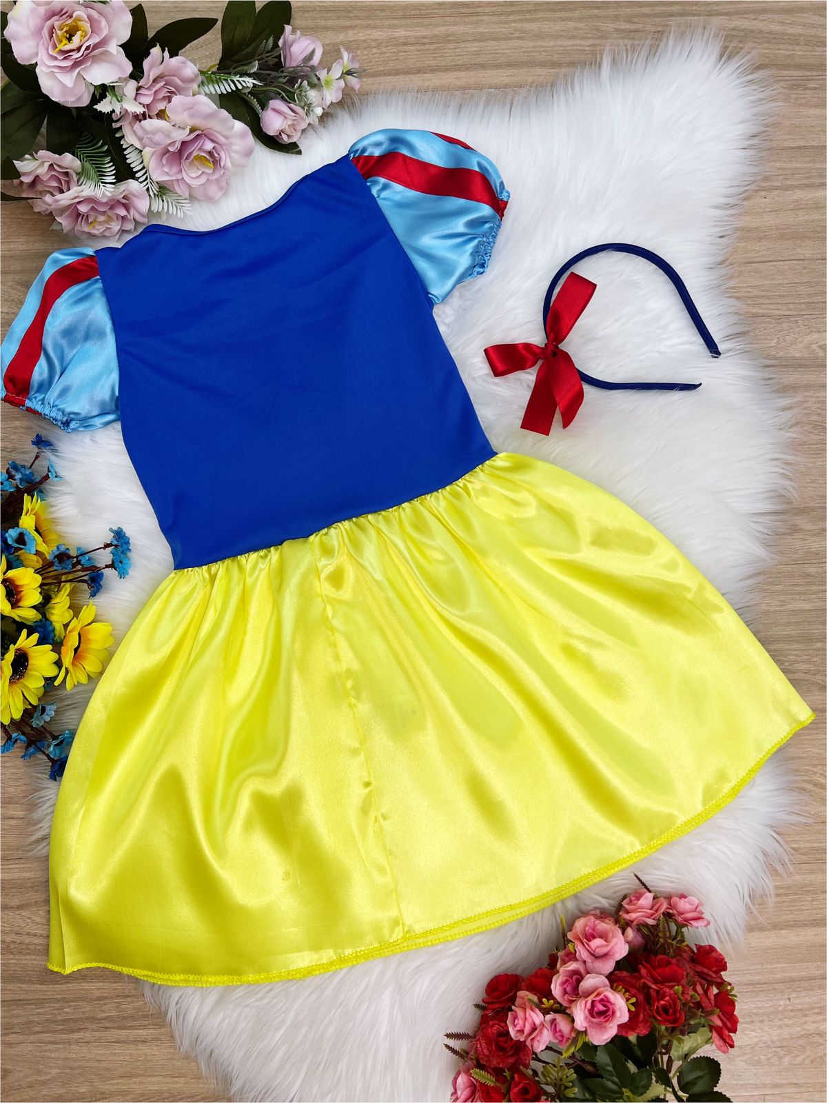 Vestido Infantil Branca de Neve Amarelo Com Tiara Luxo