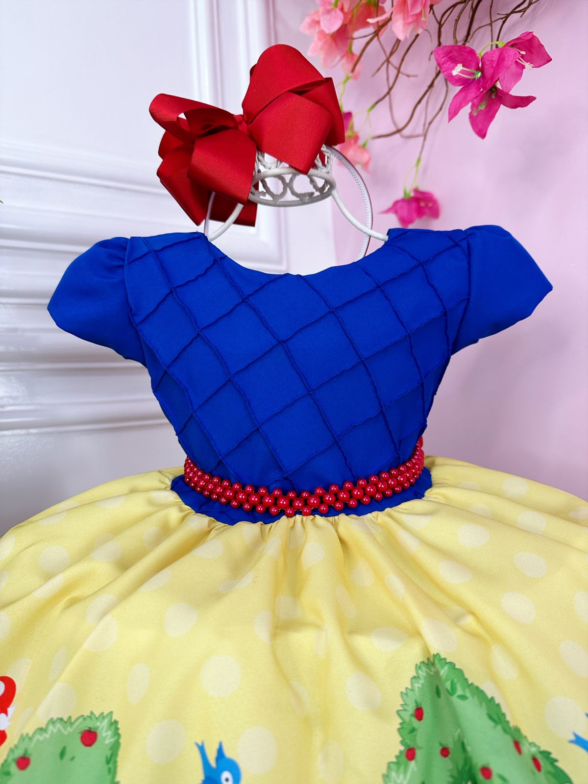 Vestido Infantil Branca de Neve Azul C/ Pérolas Princesas