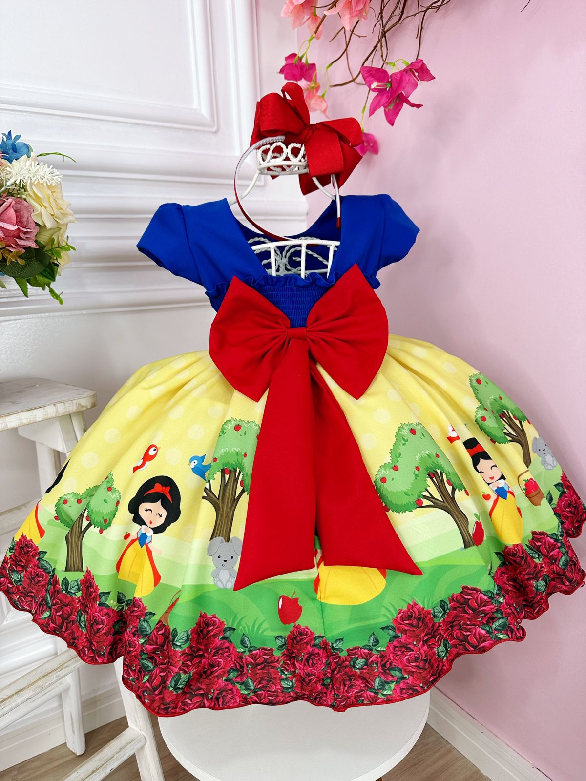 Vestido Infantil Branca de Neve Azul C/ Pérolas Princesas