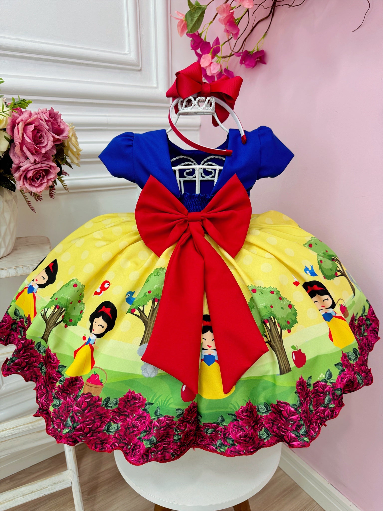 Vestido Infantil Branca de Neve Princesas Azul C/ Pérolas