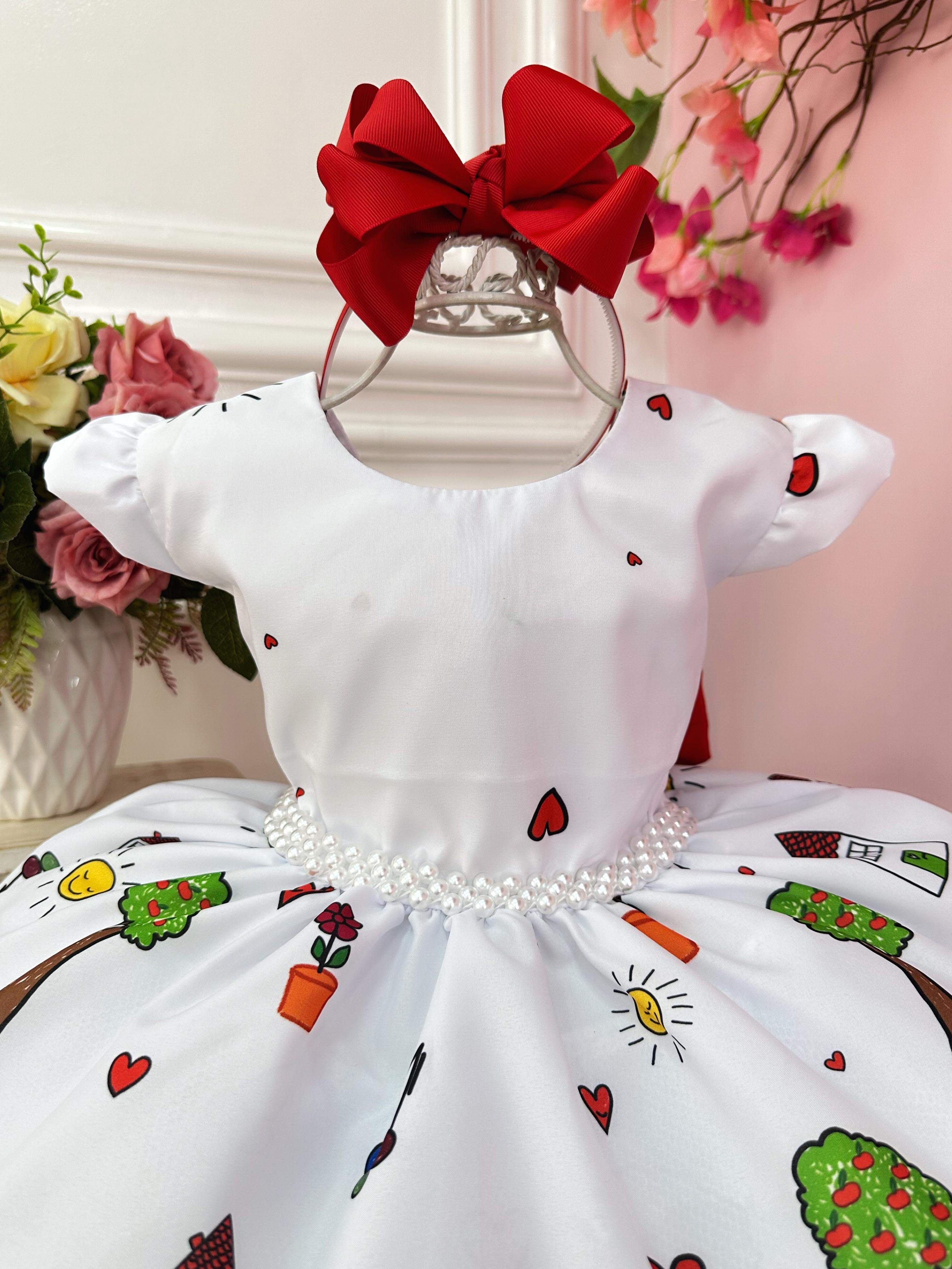 Vestido Infantil Branco Aquarela C/ Cinto de Pérolas Festas