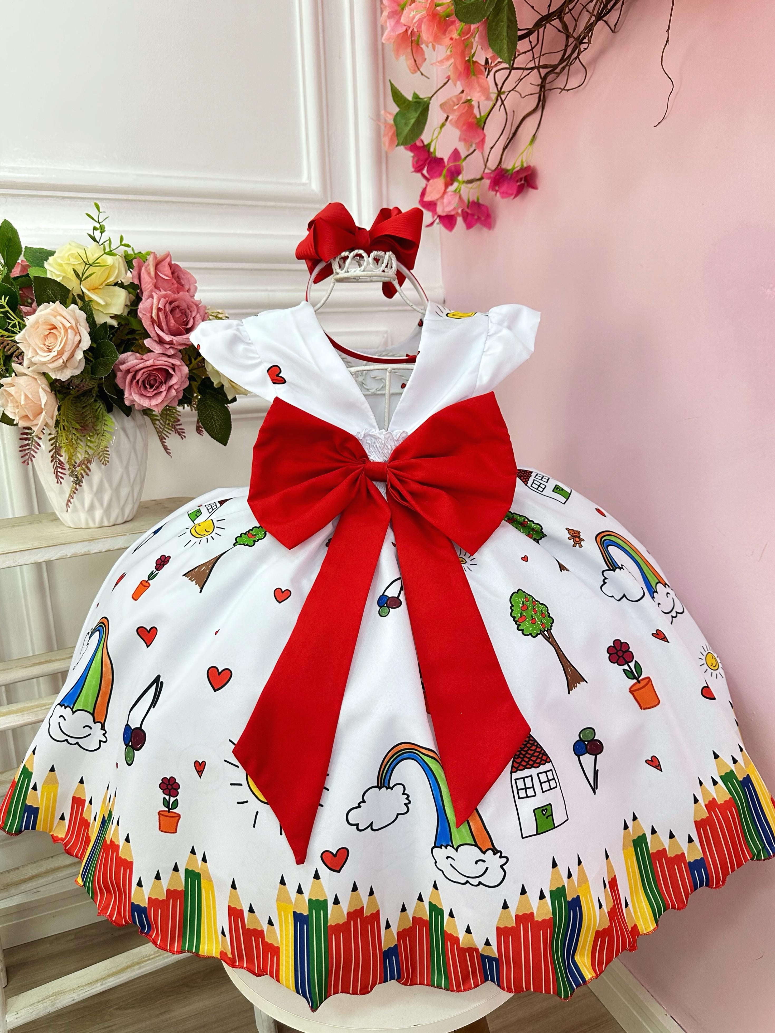 Vestido Infantil Branco Aquarela C/ Cinto de Pérolas Festas