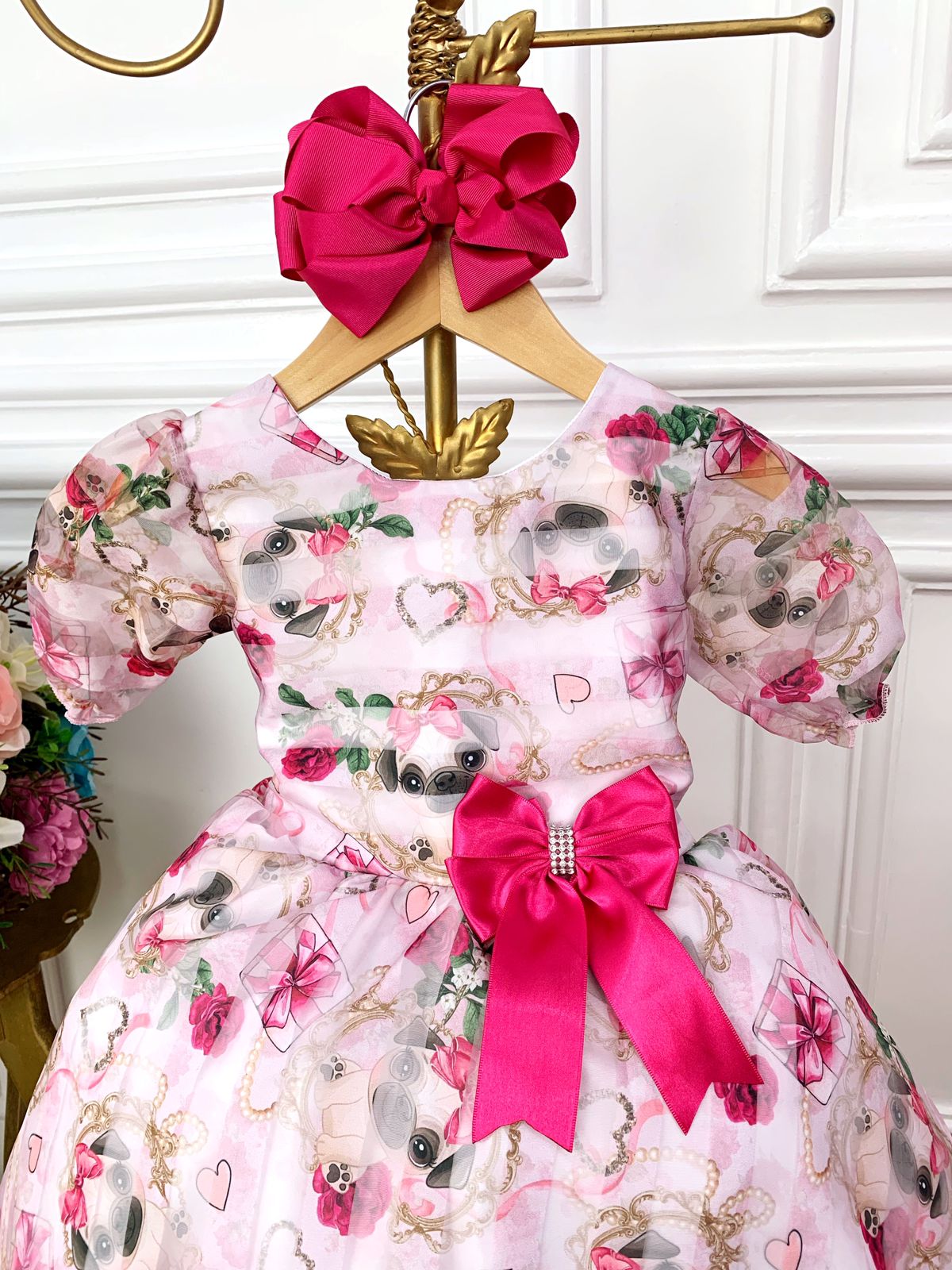 Vestido Infantil Branco Floral Puppy Dog  Aplique Laço