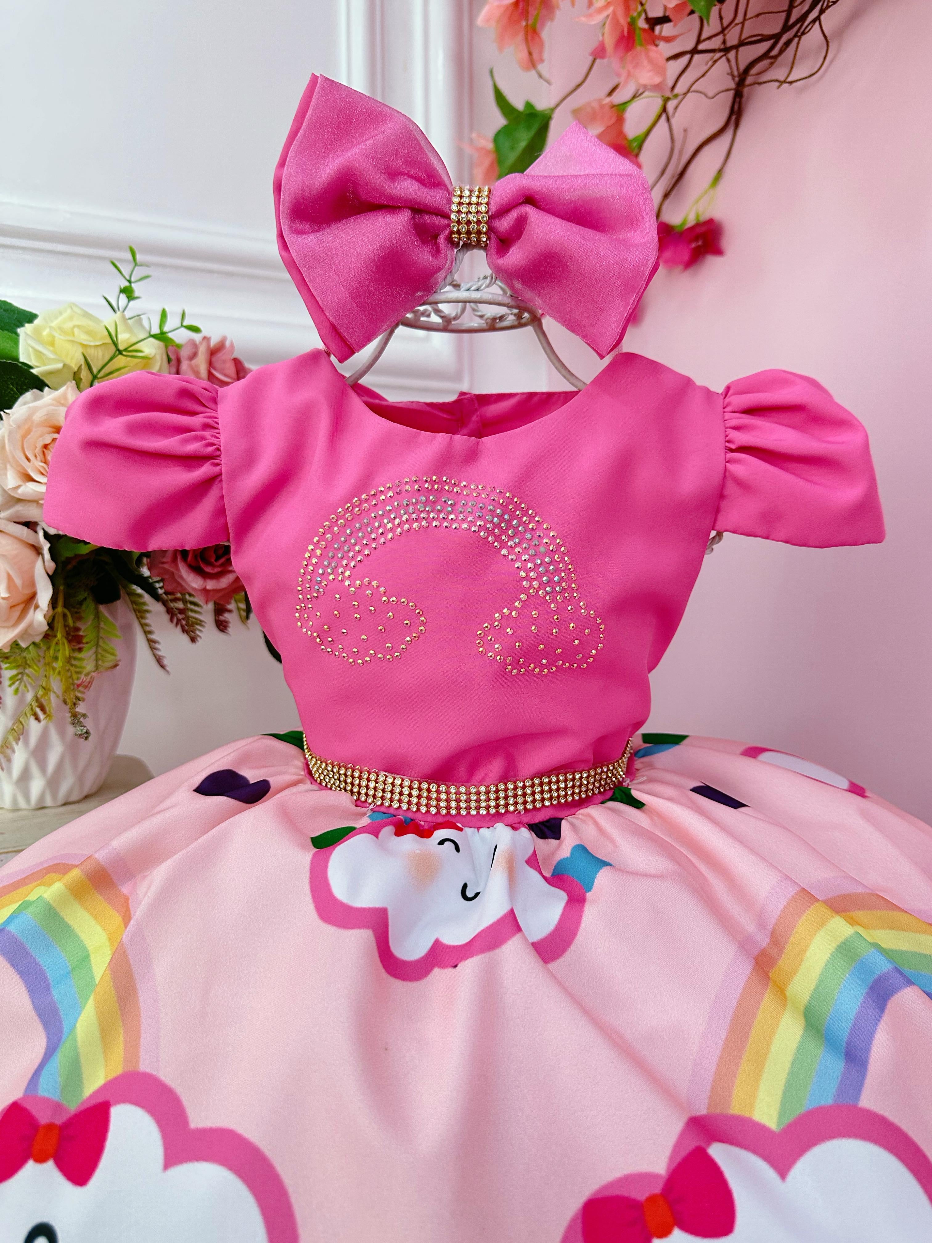 Vestido Infantil Chuva de Bênçãos Amor Pink Strass C/ Tiara