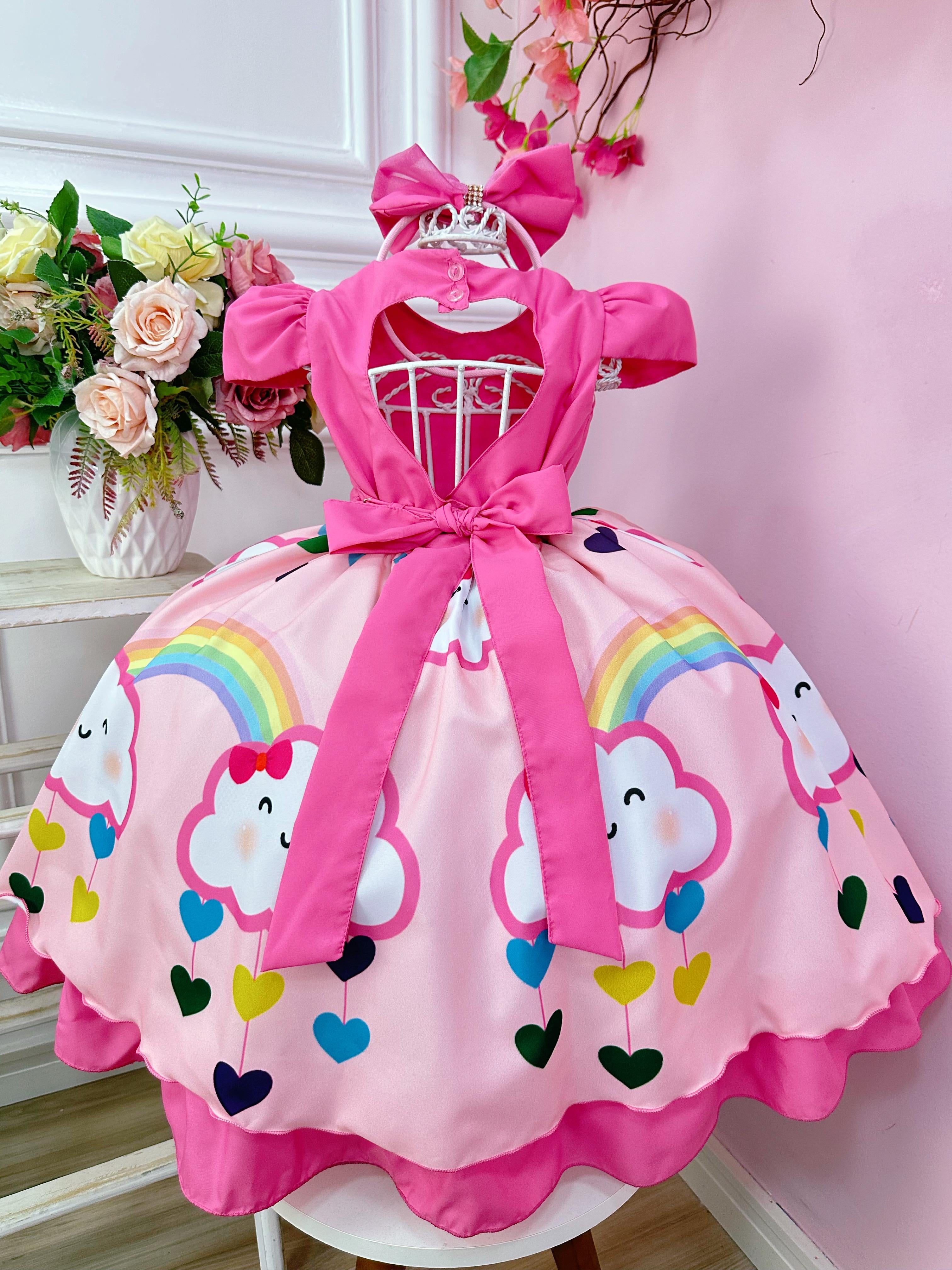 Vestido Infantil Chuva de Bênçãos Amor Pink Strass C/ Tiara