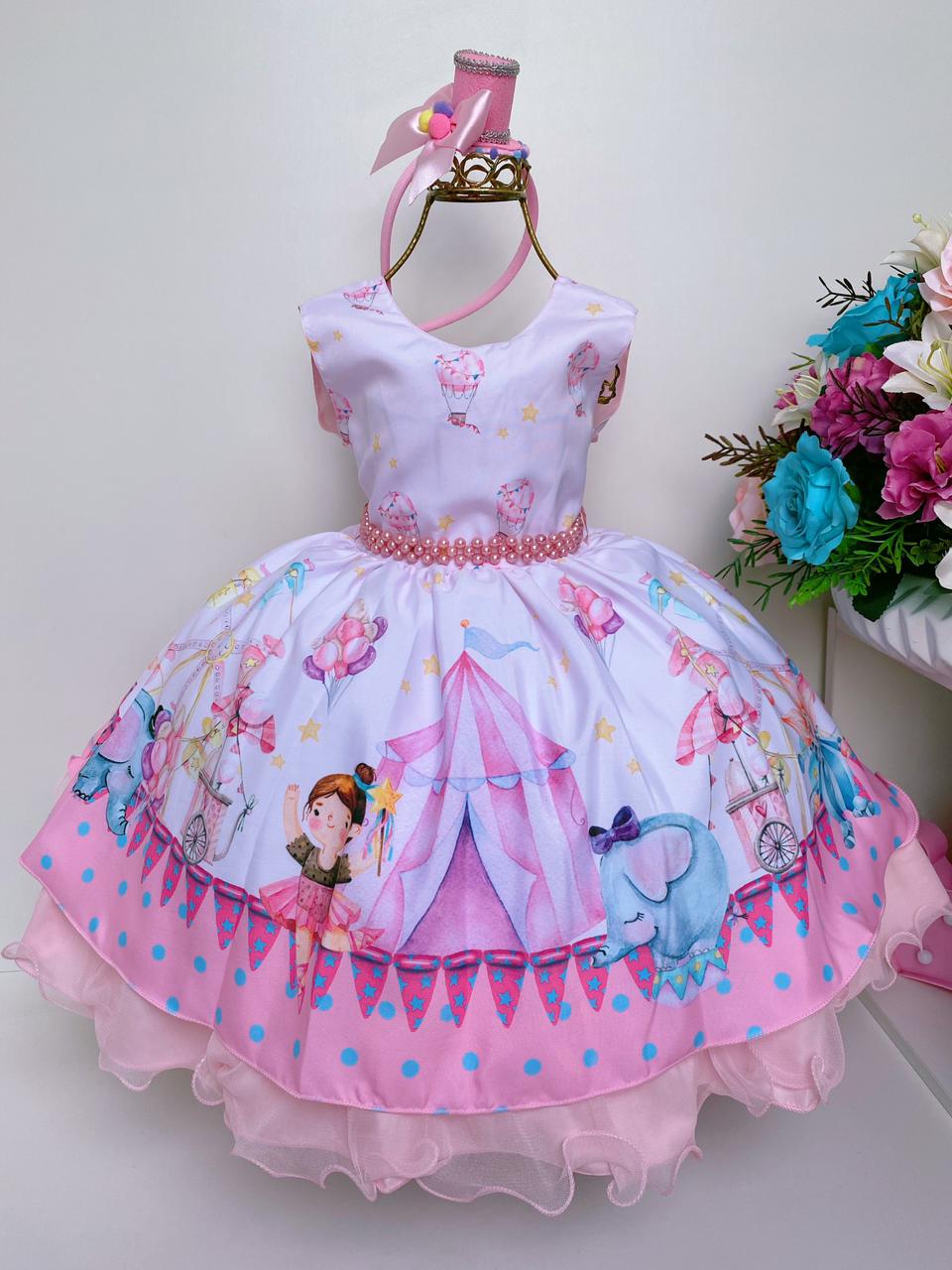 Vestido Infantil Circo Elefante e Bailarina Rosa Azul Luxo