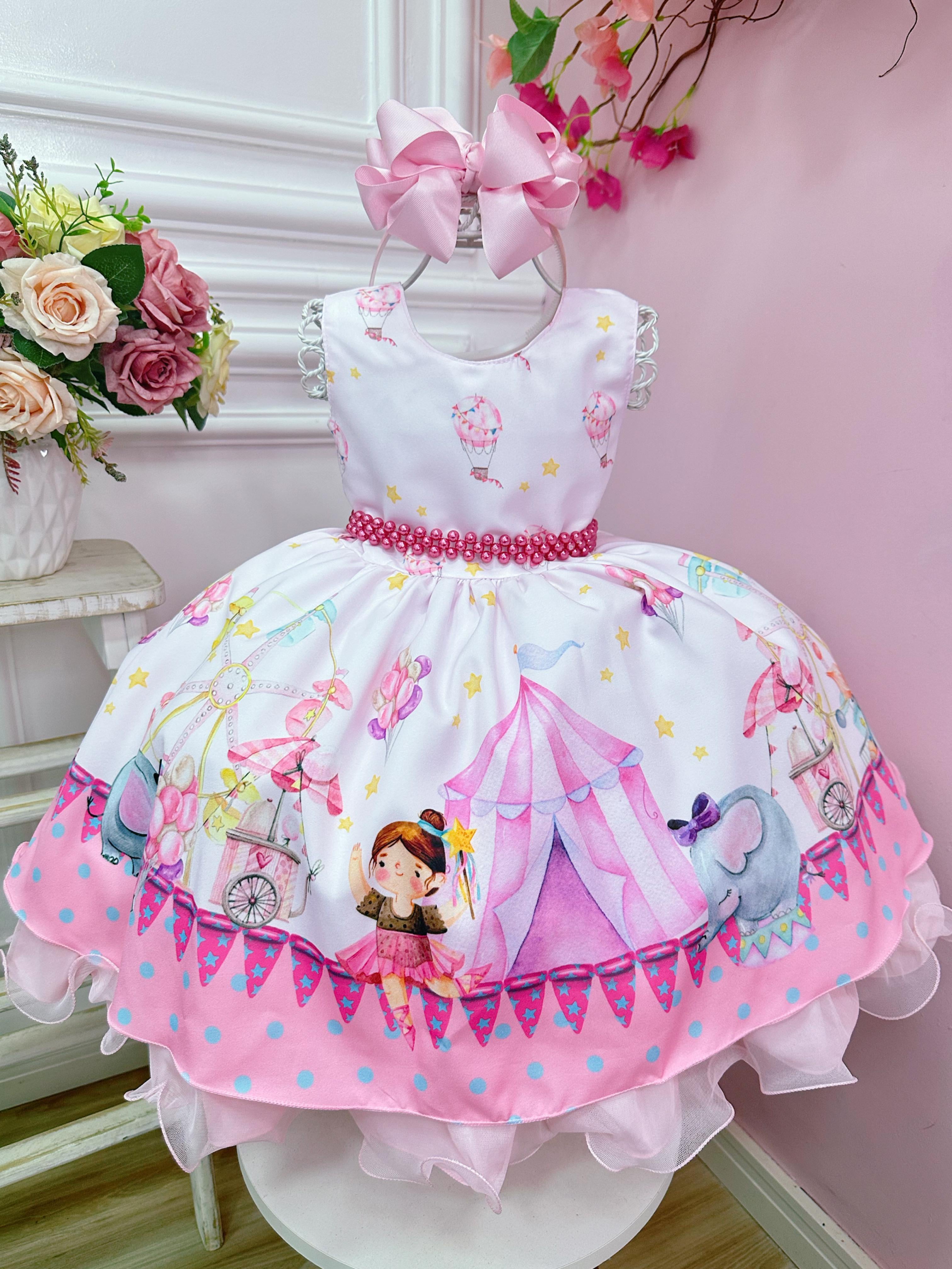 Vestido Infantil Circo Elefante e Bailarina Rosa Azul Luxo