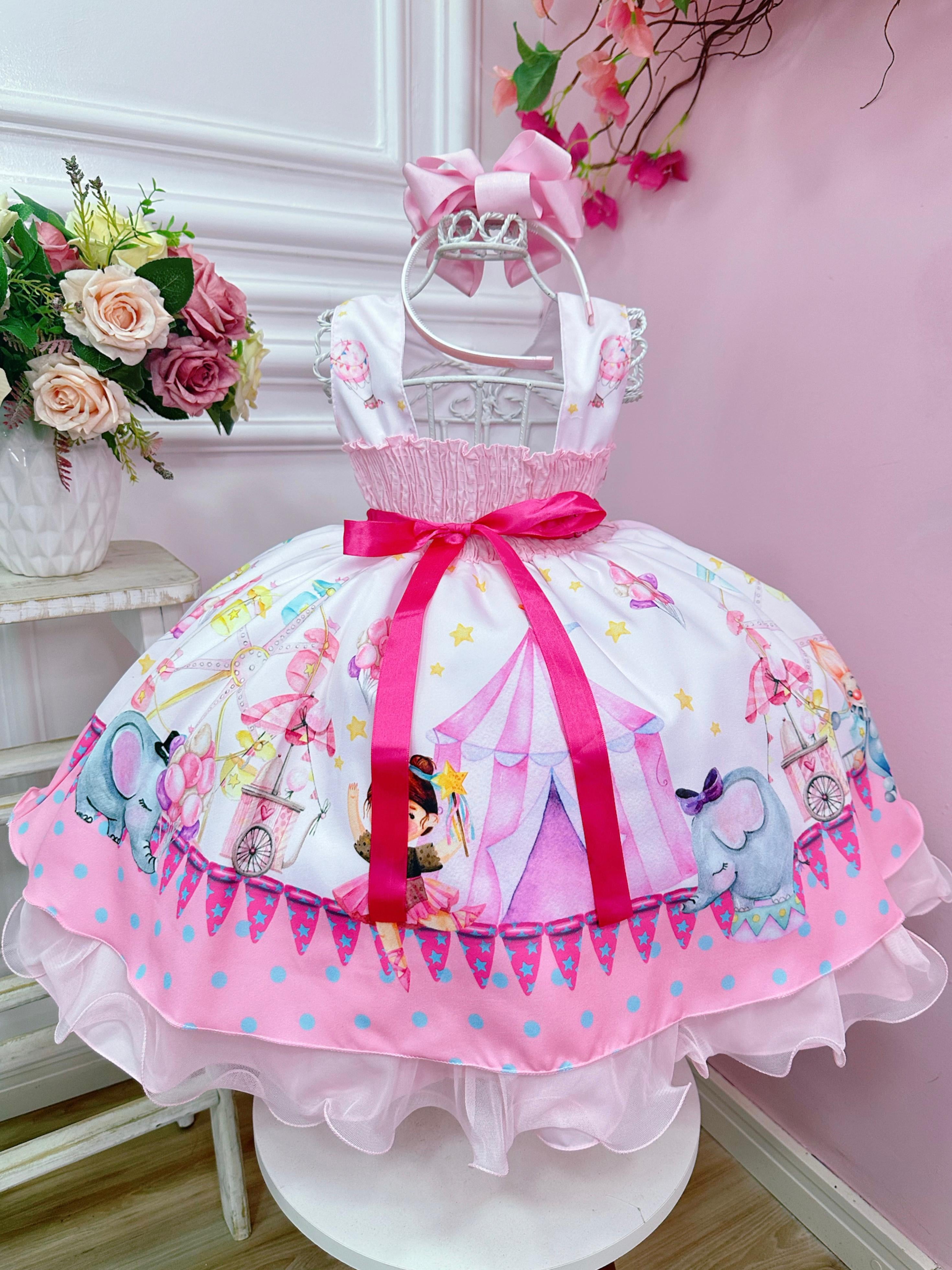 Vestido Infantil Circo Elefante e Bailarina Rosa Azul Luxo