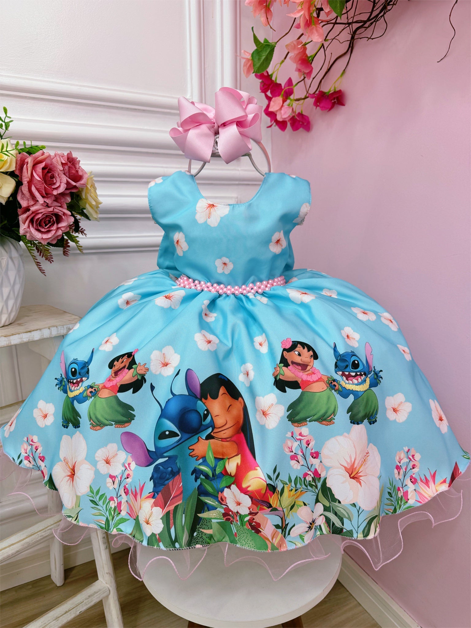 Vestido Infantil da Lilo e Stitch Azul Claro Florido Festas