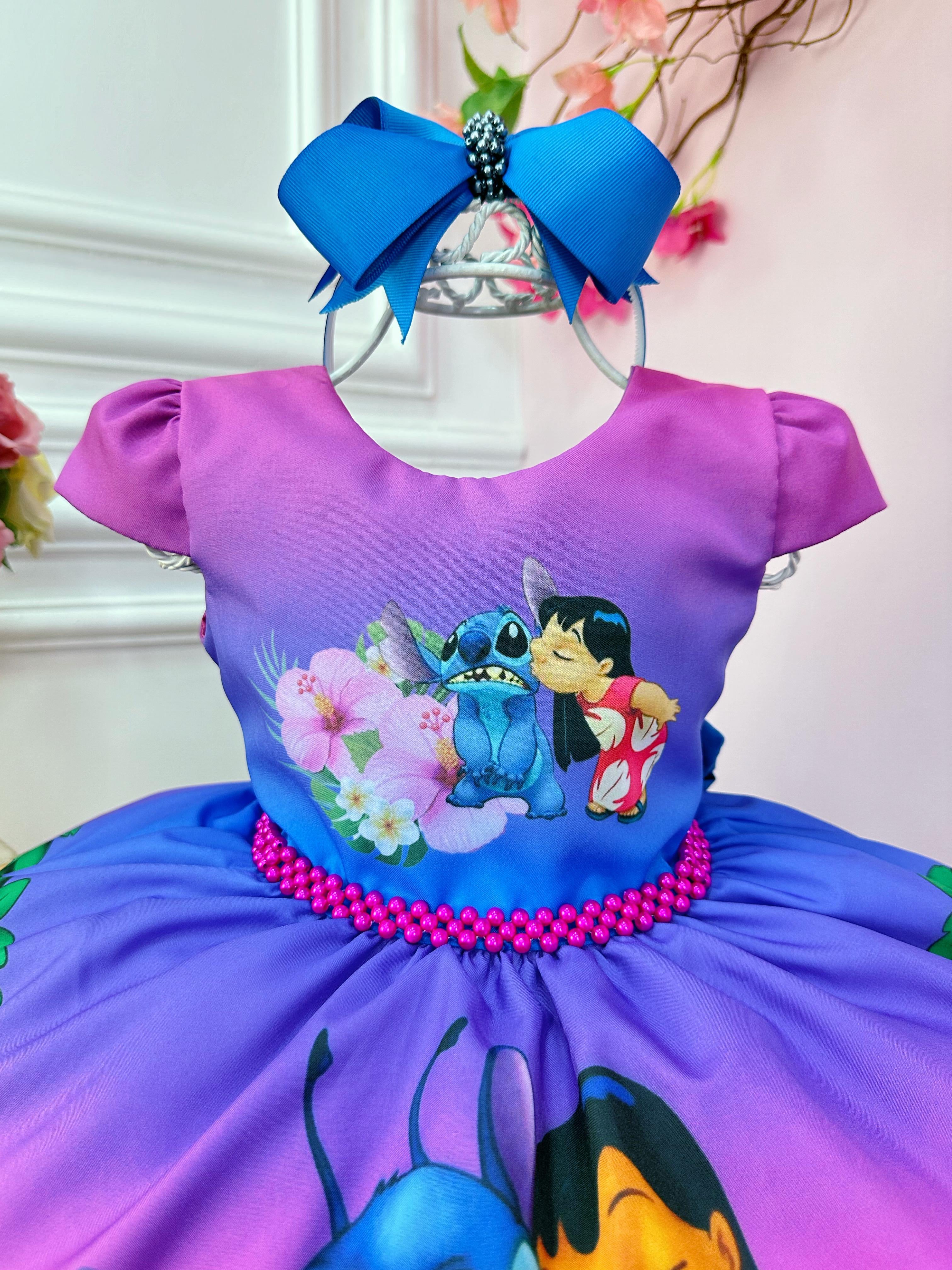 Vestido Infantil da Lilo e Stitch Colorido C/ Pérolas Festas
