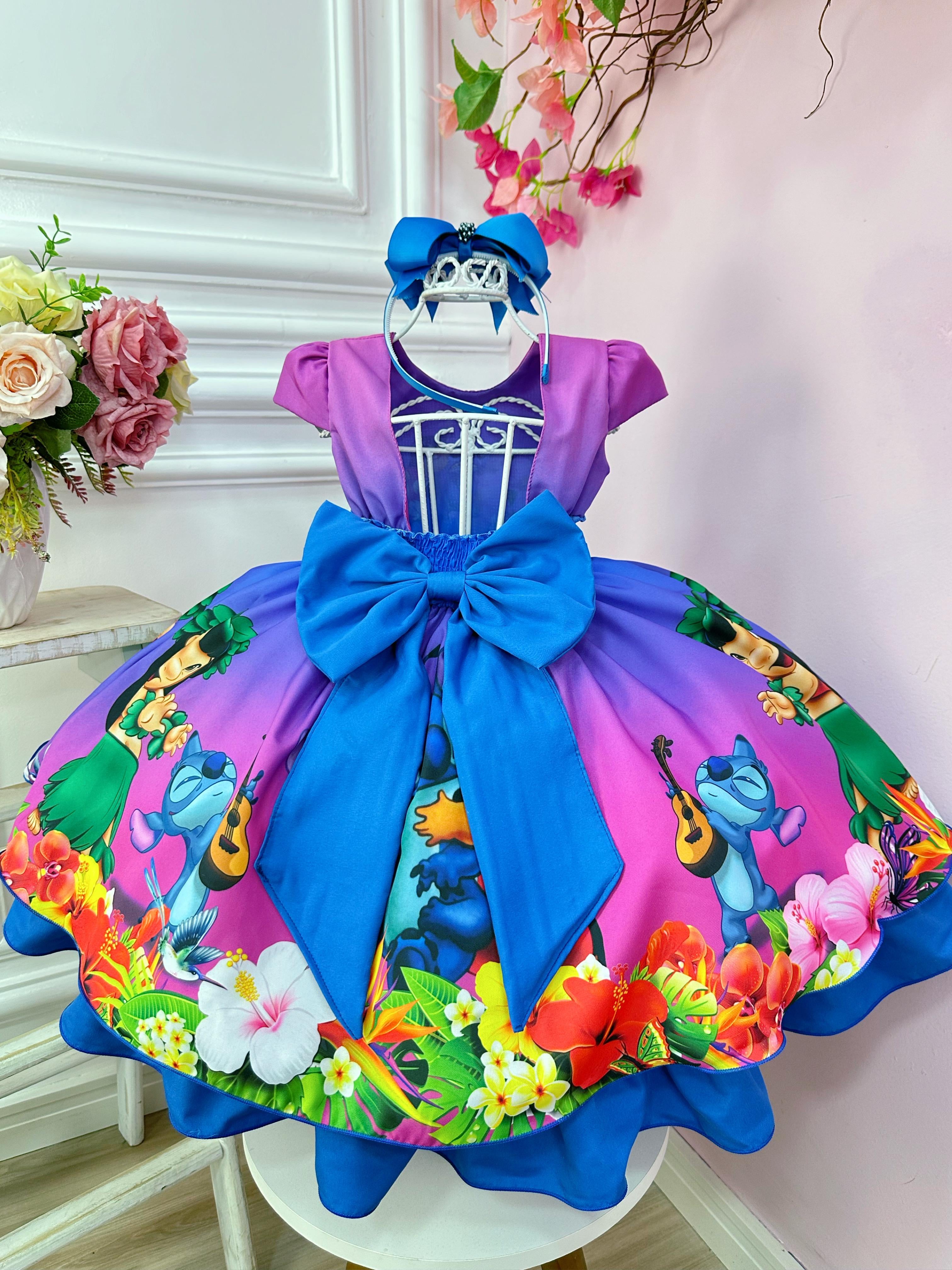 Vestido Infantil da Lilo e Stitch Colorido C/ Pérolas Festas