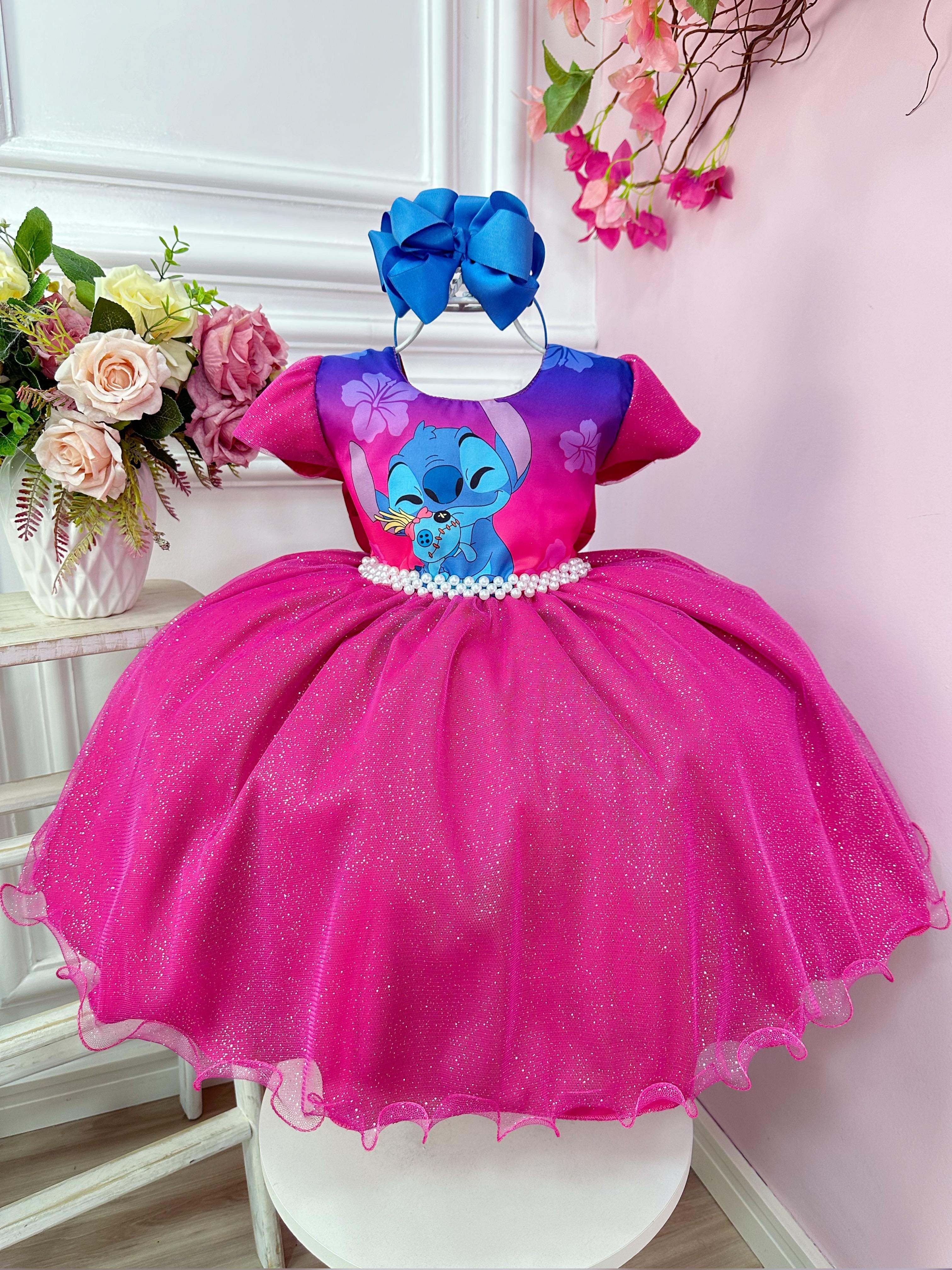 Vestido Infantil da Lilo e Stitch Pink Com Glitter Festas