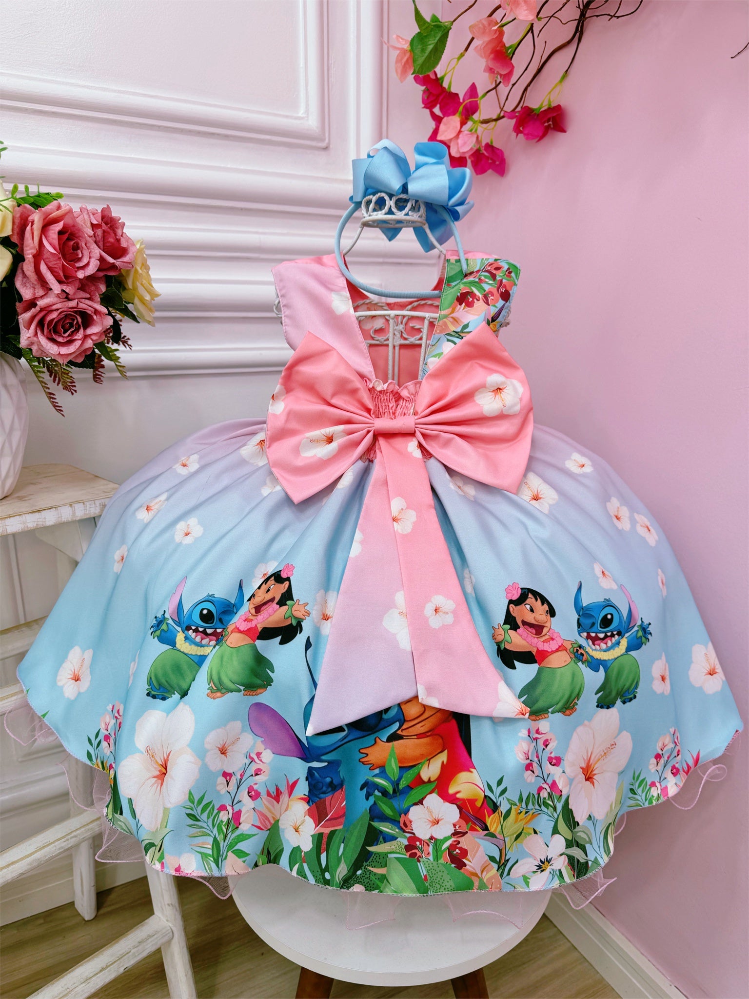 Vestido Infantil da Lilo e Stitch Rosa Florido Festas Luxo