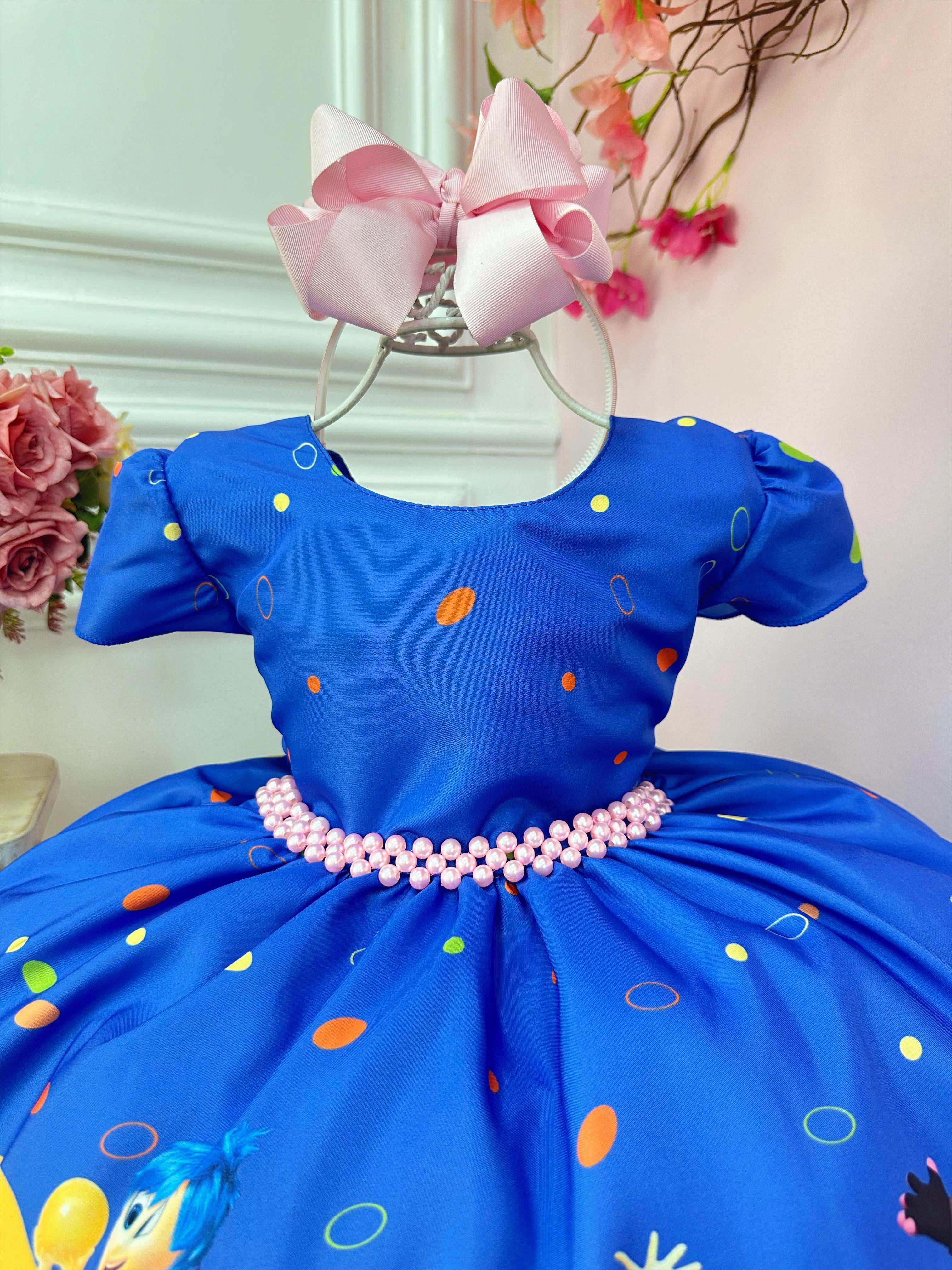 Vestido Infantil Divertidamente Azul C/ Cinto de Pérolas