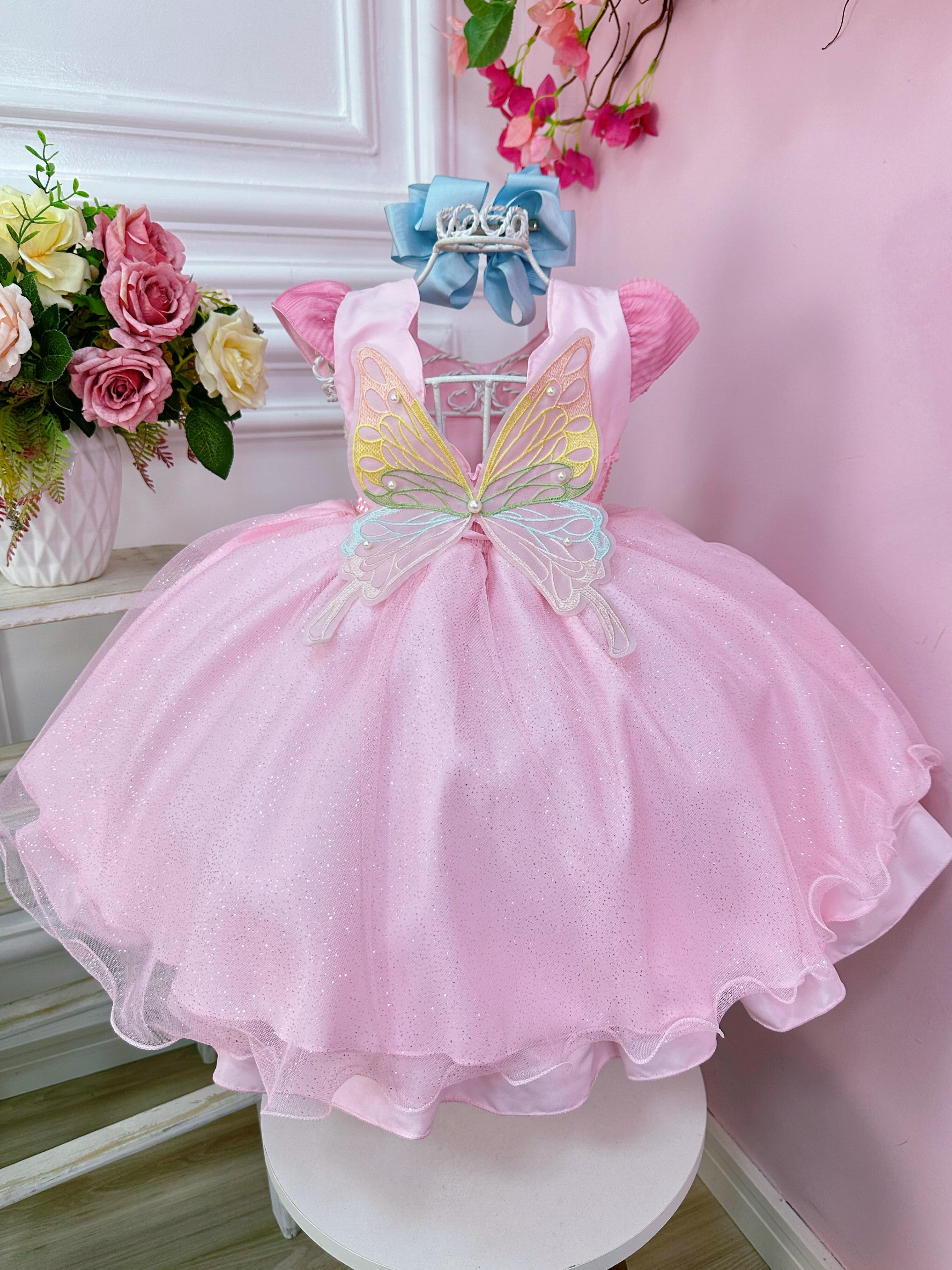 Vestido Infantil Colorido Fadinha Com Aplique de Asa Festas