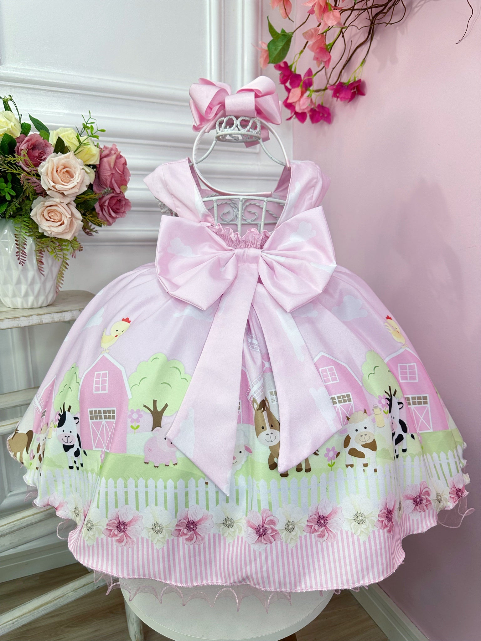 Vestido Infantil Fazendinha Baby Rosa Luxo Festa