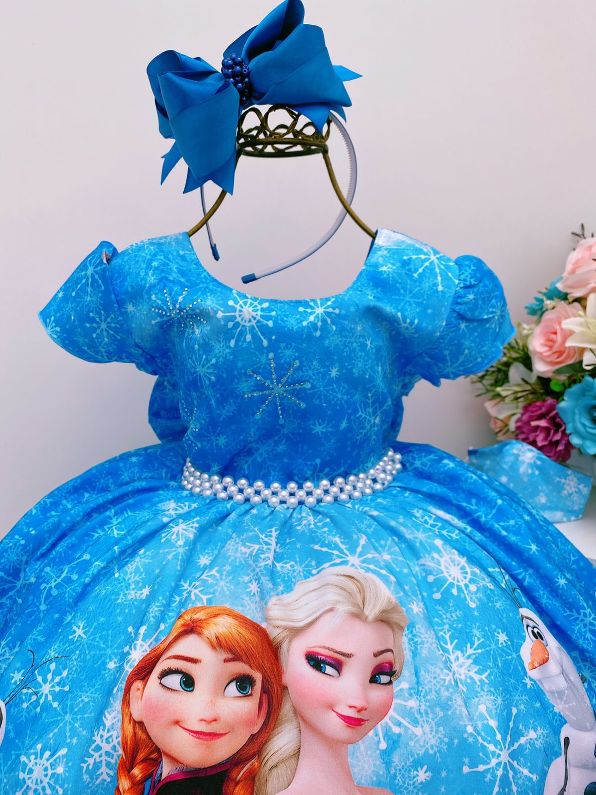 Vestido Infantil Frozen Azul Com Cinto de Pérolas Luxo