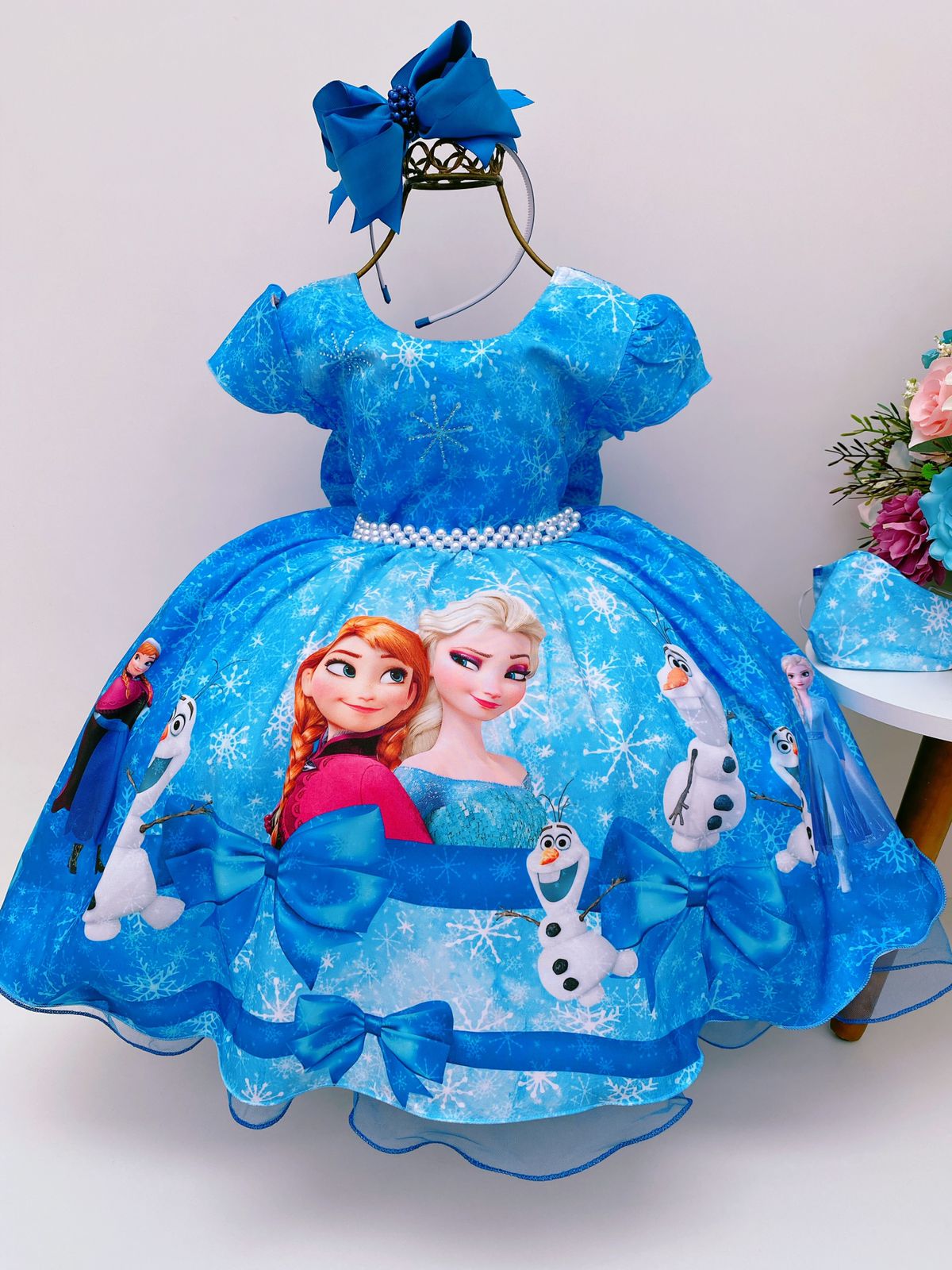 Vestido Infantil Frozen Azul Com Cinto de Pérolas Luxo