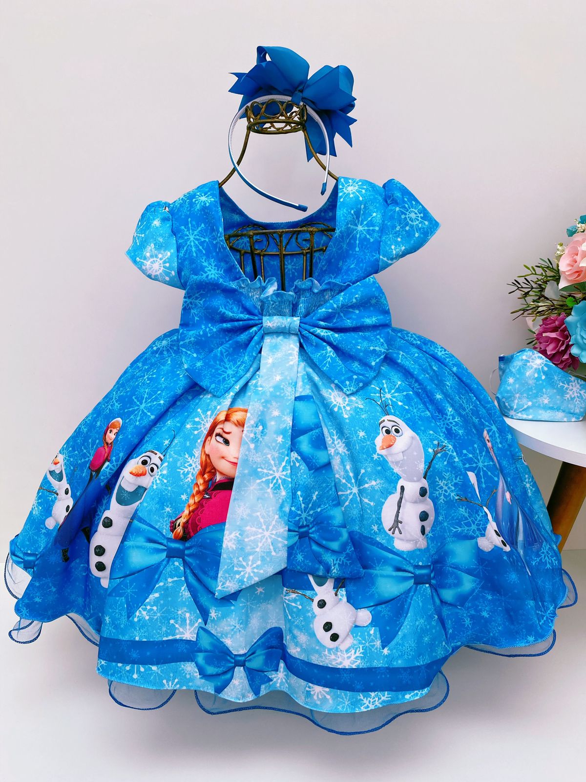 Vestido Infantil Frozen Azul Com Cinto de Pérolas Luxo