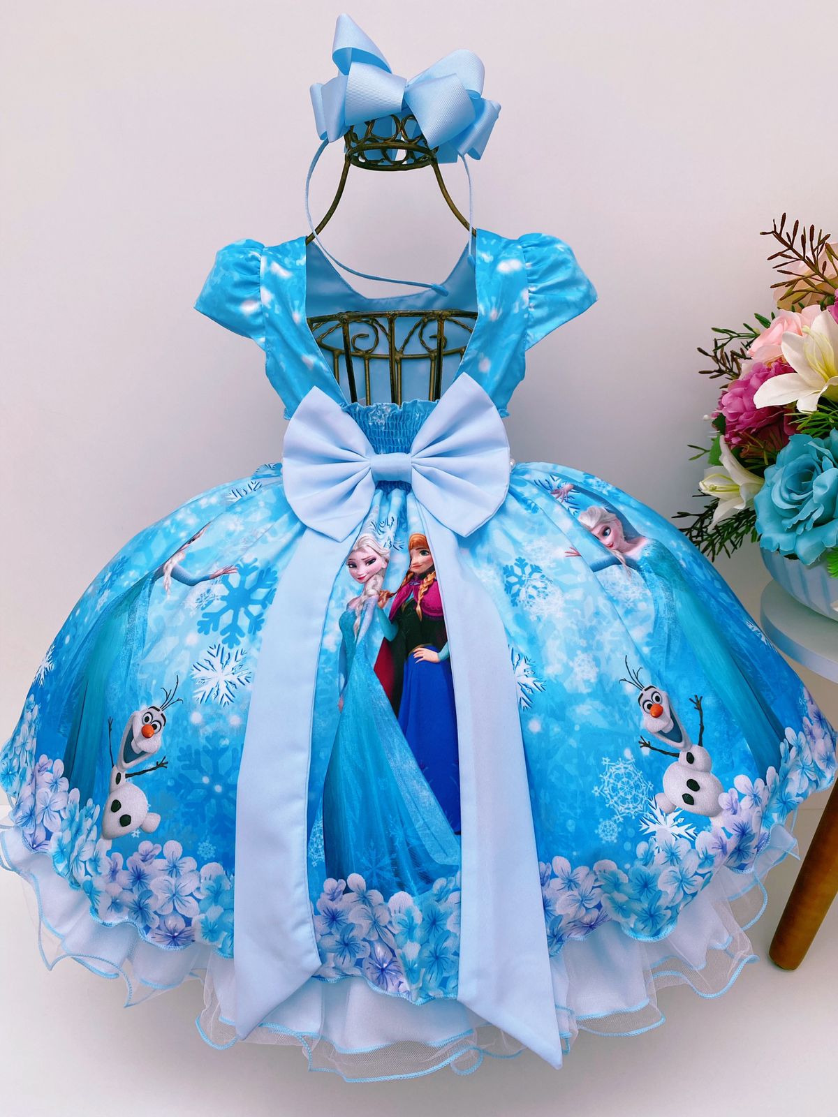 Vestido Infantil Frozen Azul C/ Cinto Pérolas Luxo Princesas