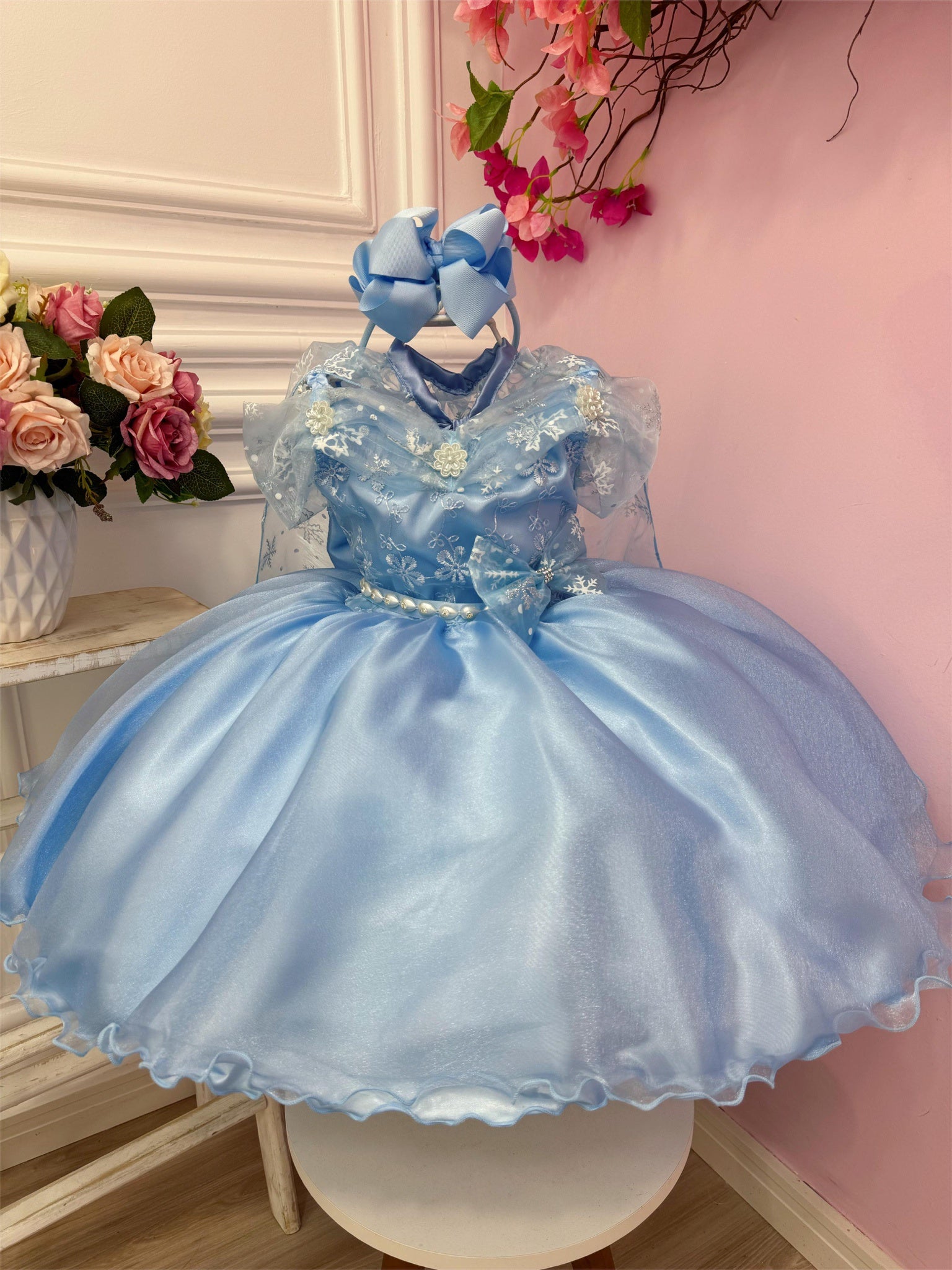 Vestido Infantil Frozen C/ Capa e Laço Princesas Festas Luxo