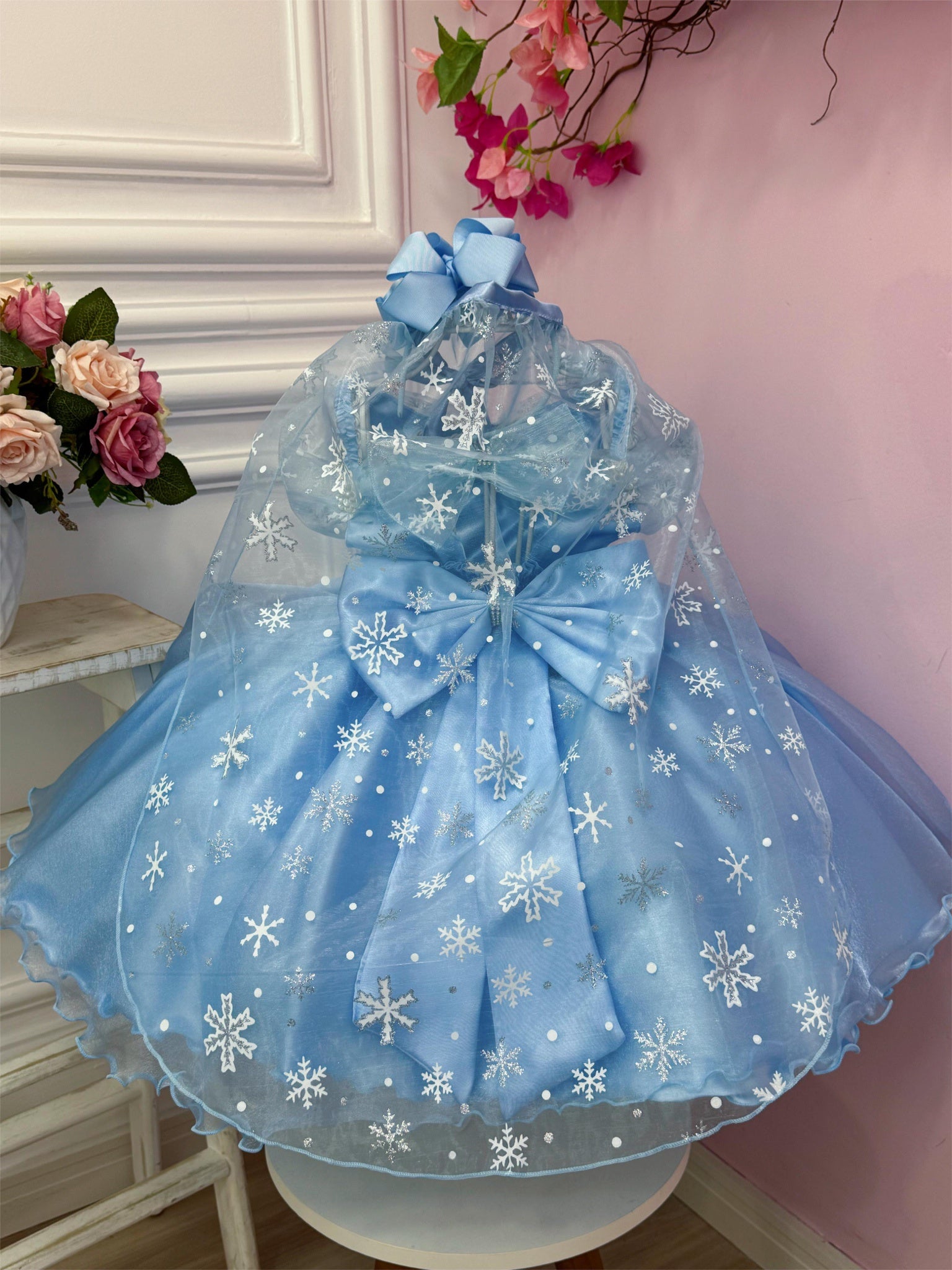 Vestido Infantil Frozen C/ Capa e Laço Princesas Festas Luxo