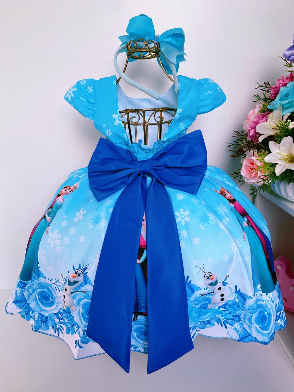 Vestido Infantil Frozen Princesa Gelo Olaf Luxo Pérolas