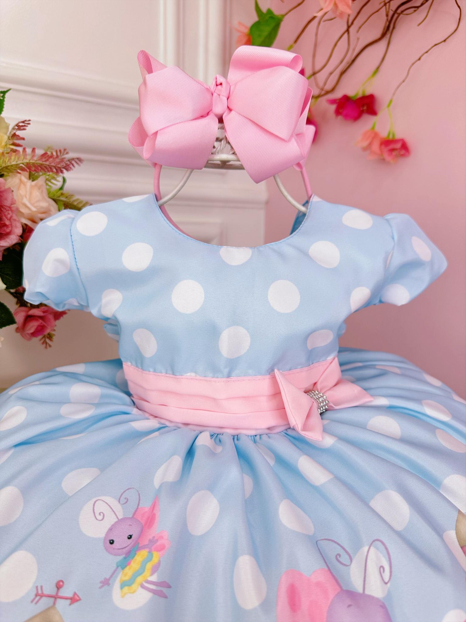 Vestido Infantil Galinha Pintadinha Azul Bolinhas Brancas