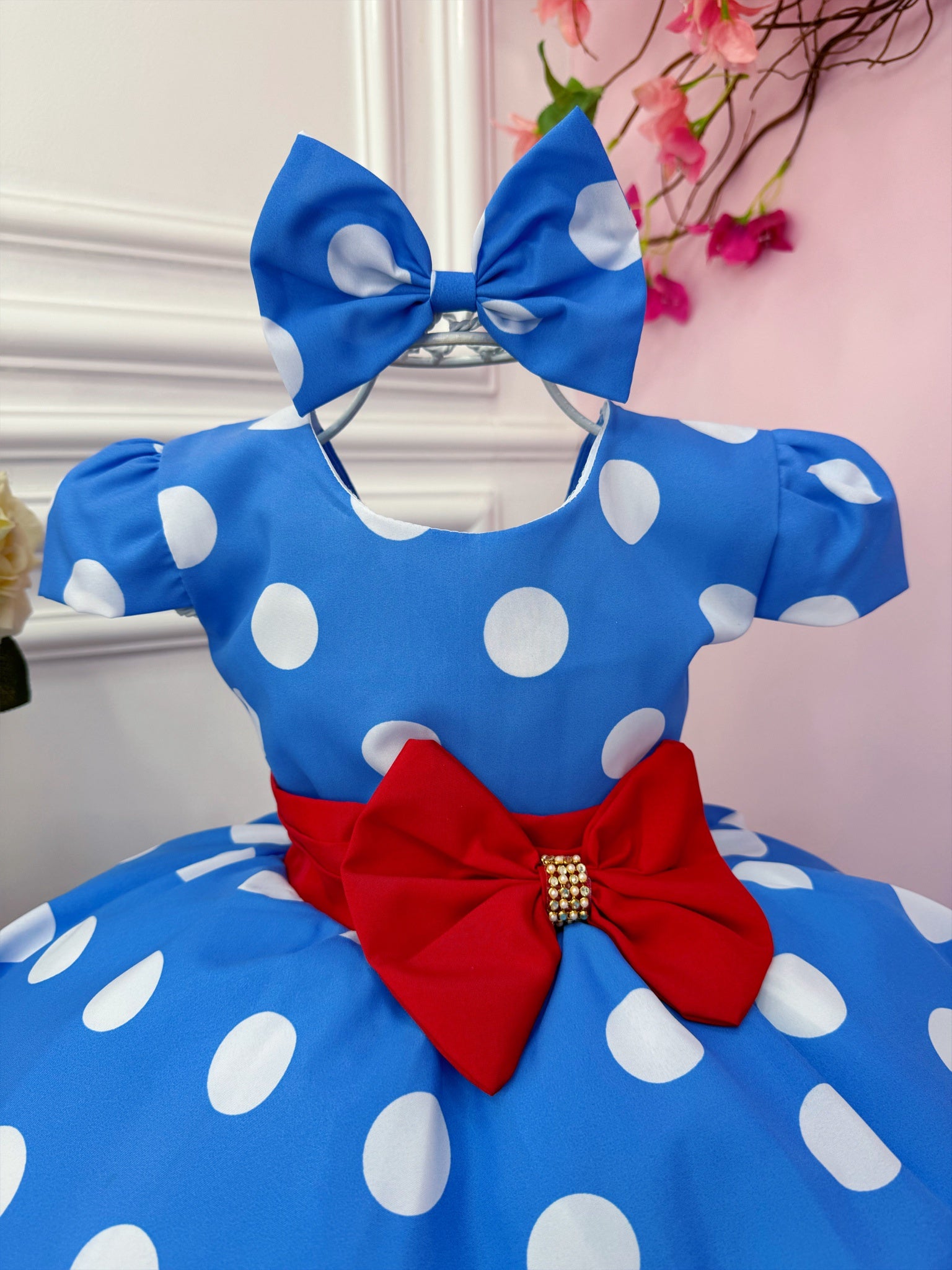 Vestido Infantil Galinha Pintadinha Azul Bolinhas Tule Laço