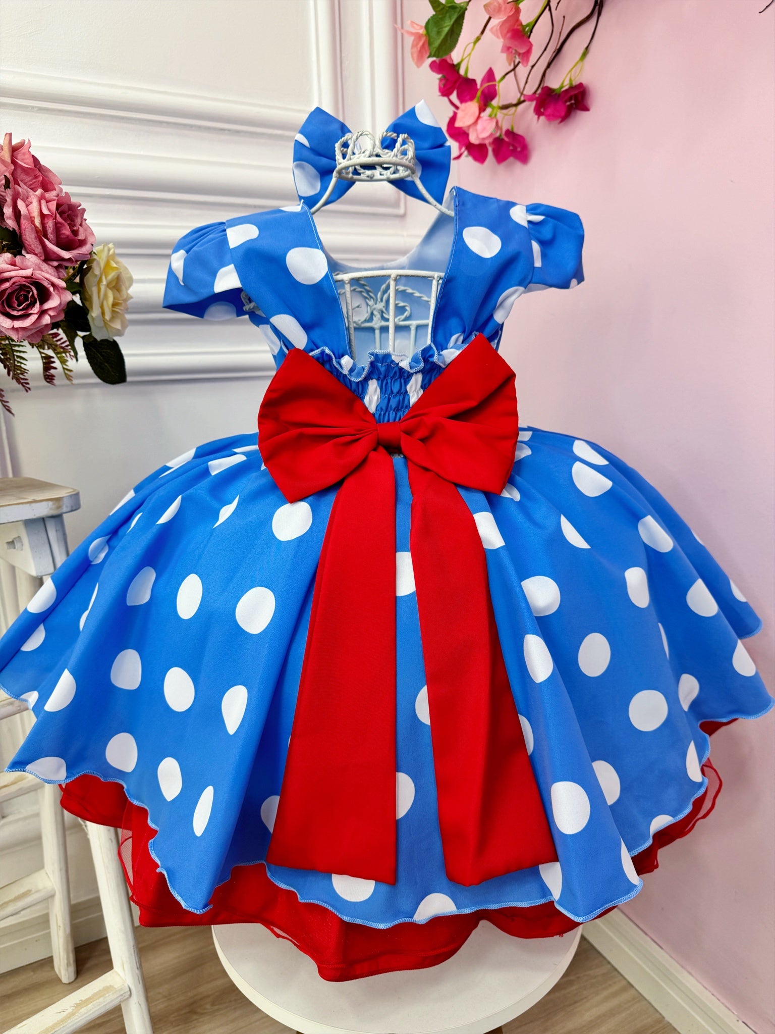 Vestido Infantil Galinha Pintadinha Azul Bolinhas Tule Laço