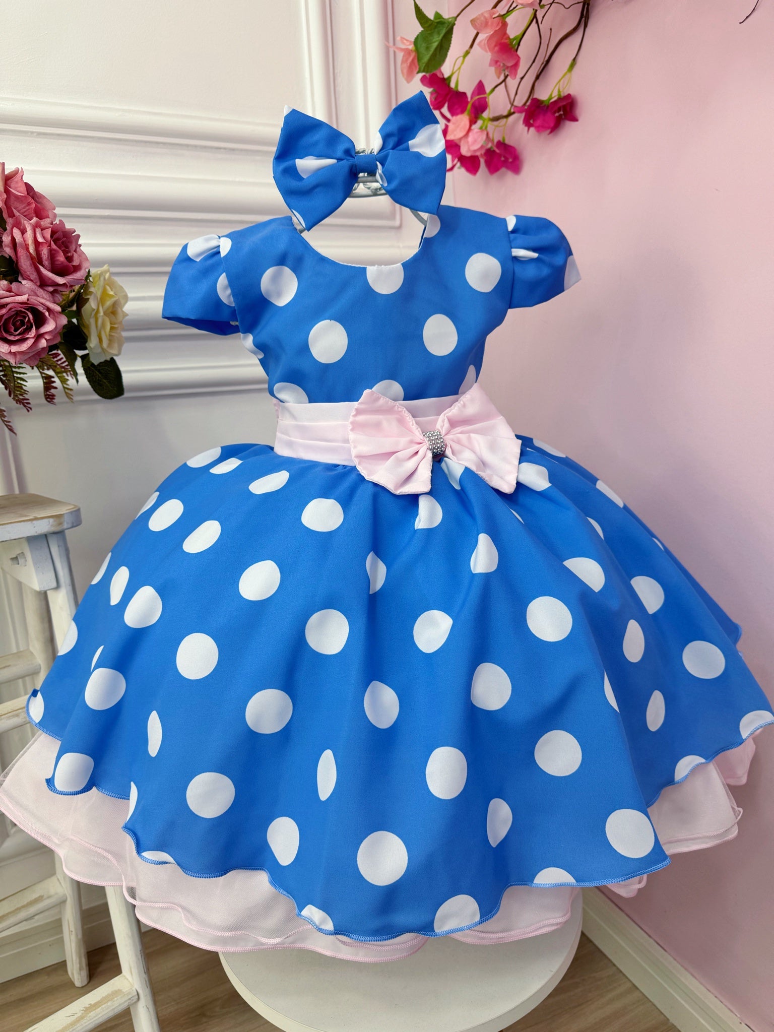 Vestido Infantil Galinha Pintadinha Azul Bolinhas Tule Rosa Laço