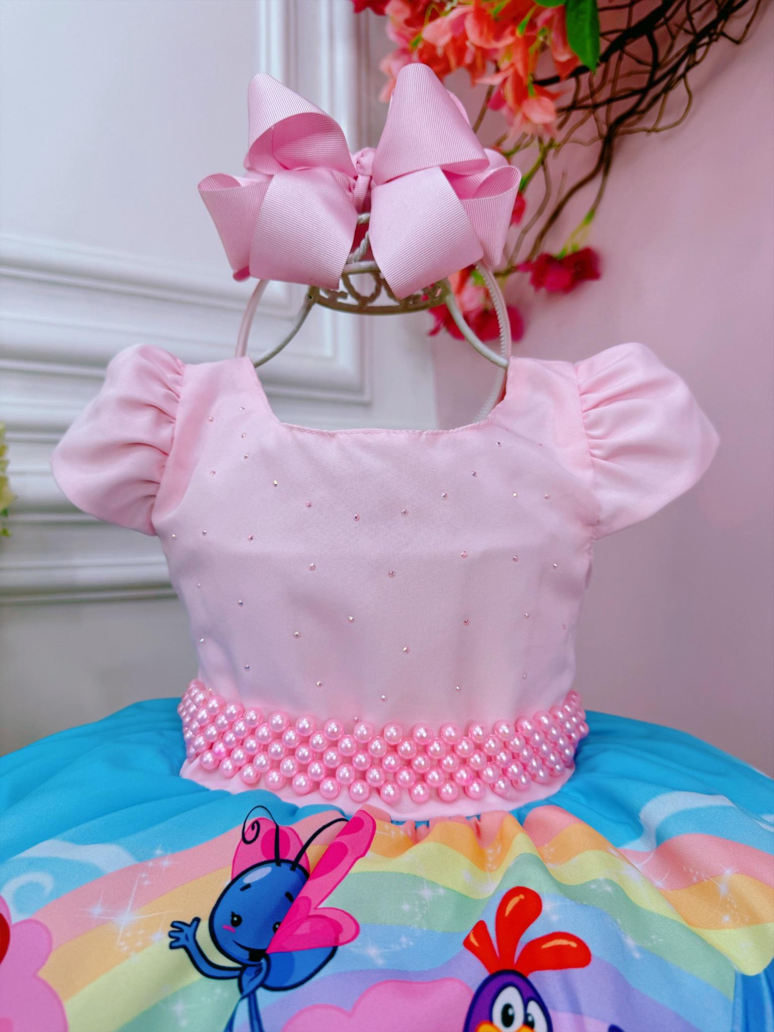 Vestido Infantil Galinha Pintadinha Rosa e Azul Cinto Pérolas Luxo