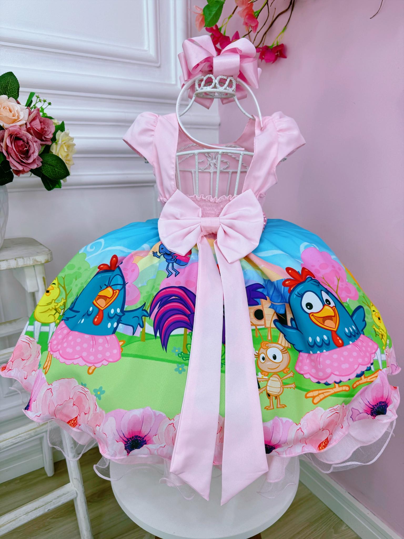 Vestido Infantil Galinha Pintadinha Rosa e Azul Cinto Pérolas Luxo