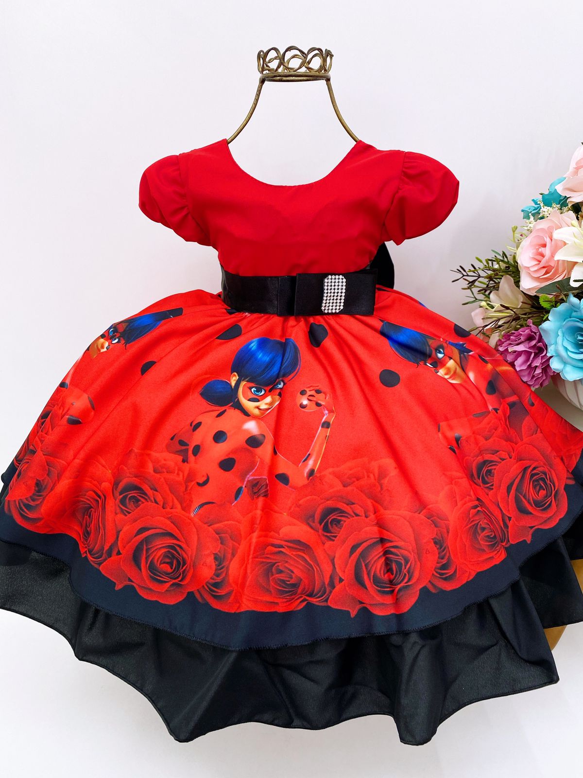 Vestido Infantil Lady Bug Vermelho Laço Preto