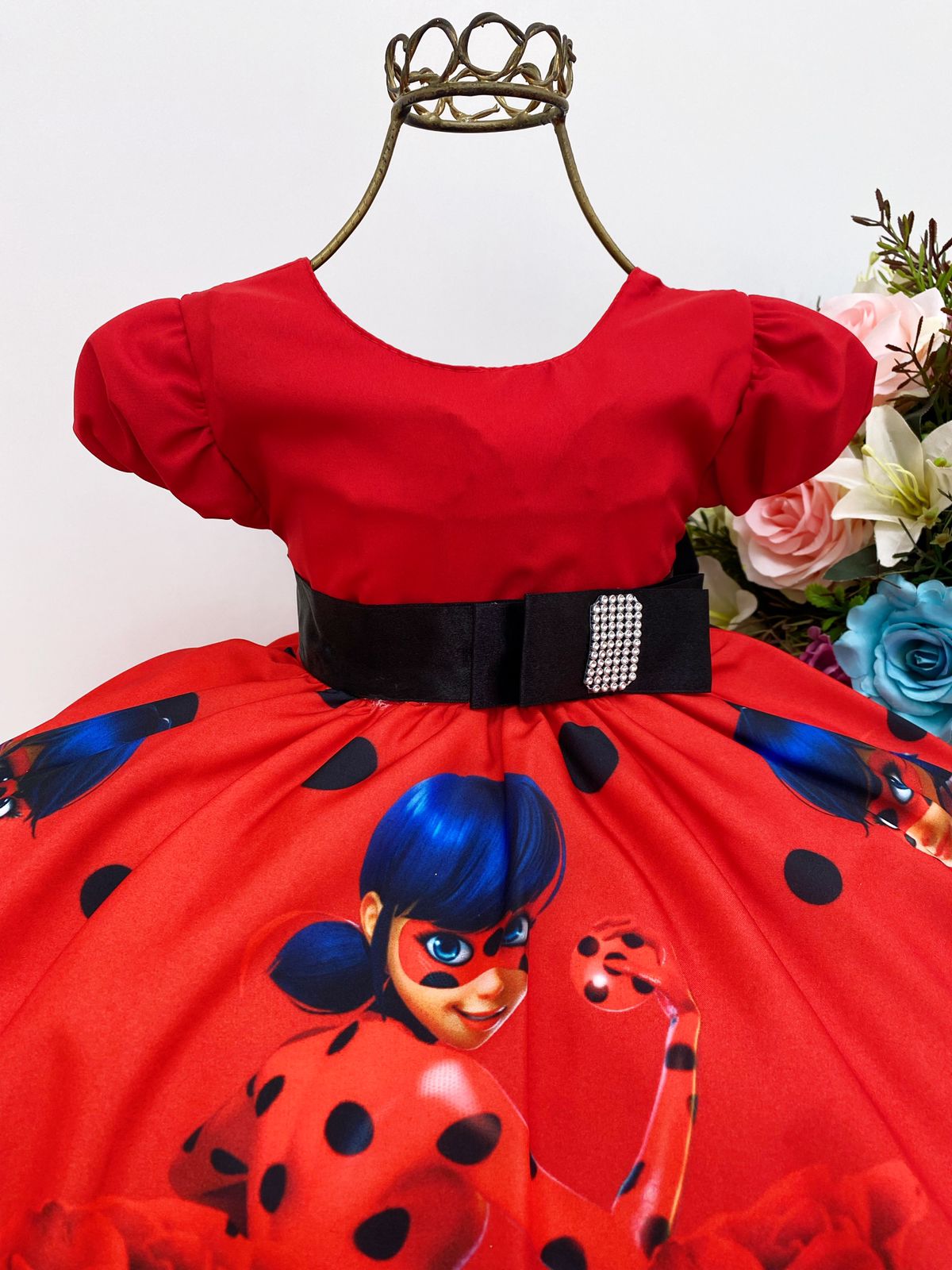 Vestido Infantil Lady Bug Vermelho Laço Preto