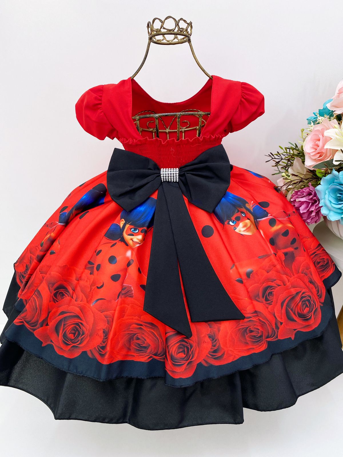 Vestido Infantil Lady Bug Vermelho Laço Preto