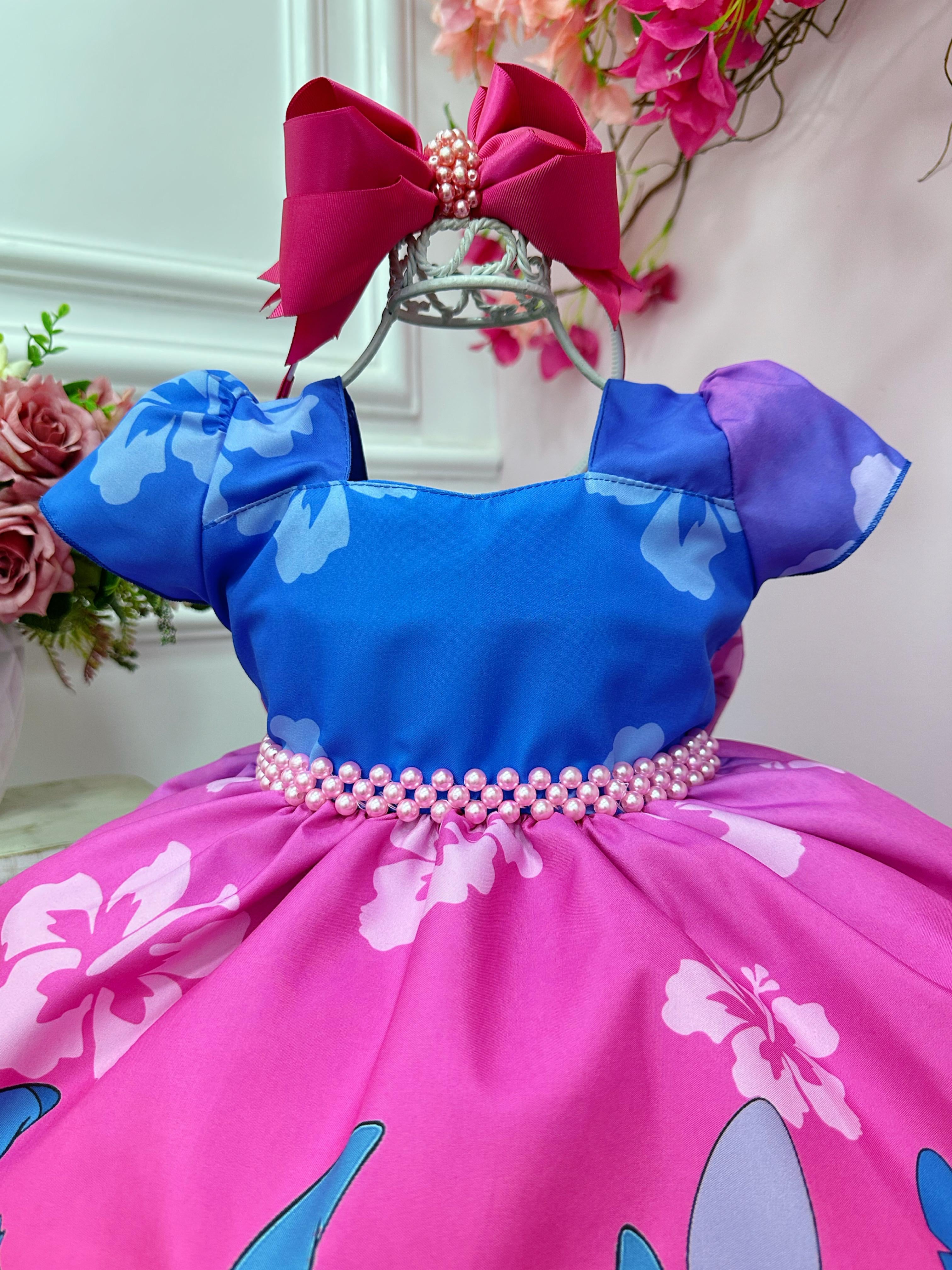 Vestido Infantil Lilo e Stitch Azul C/ Pérolas Luxo Festas