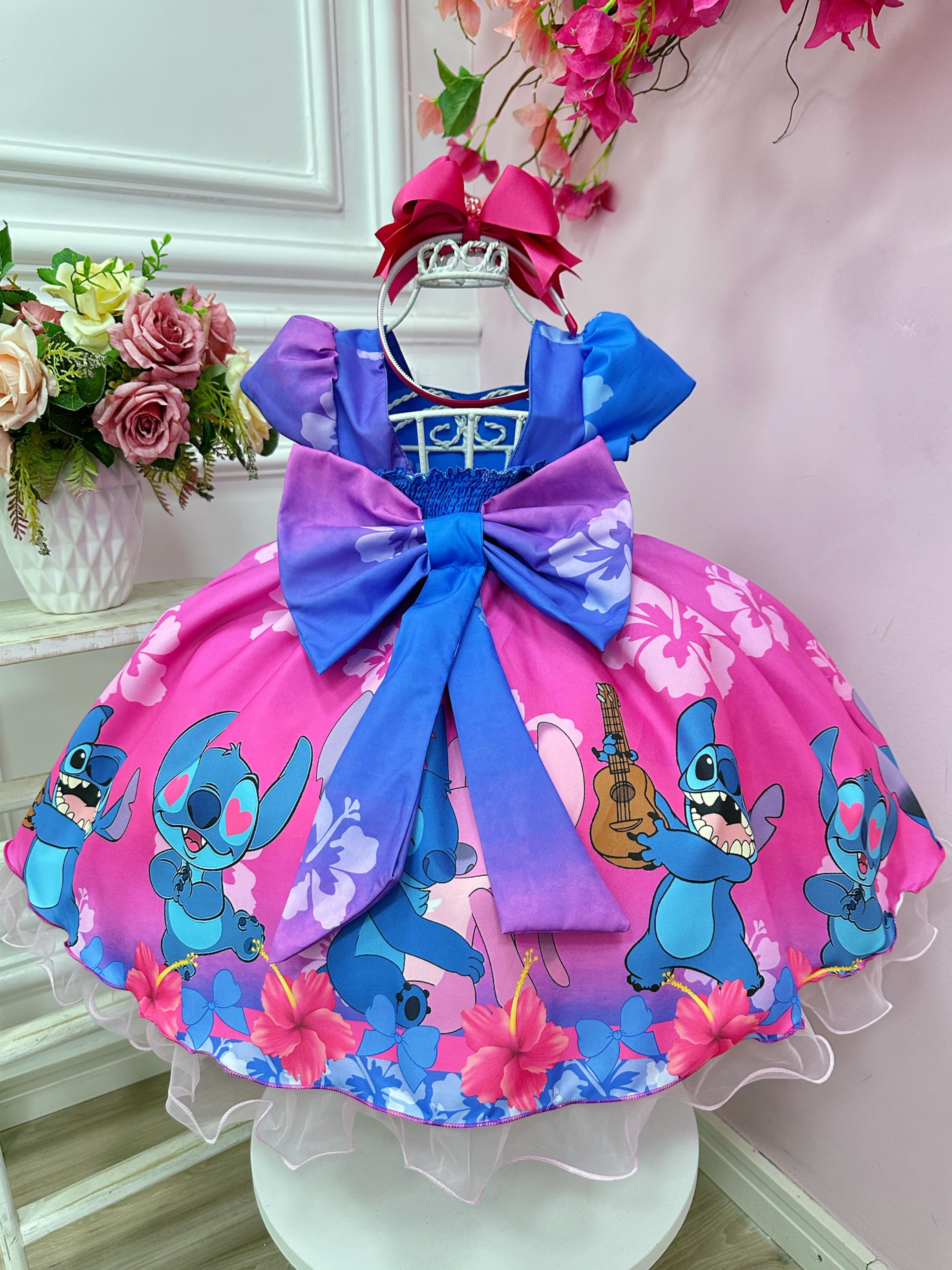 Vestido Infantil Lilo e Stitch Azul C/ Pérolas Luxo Festas