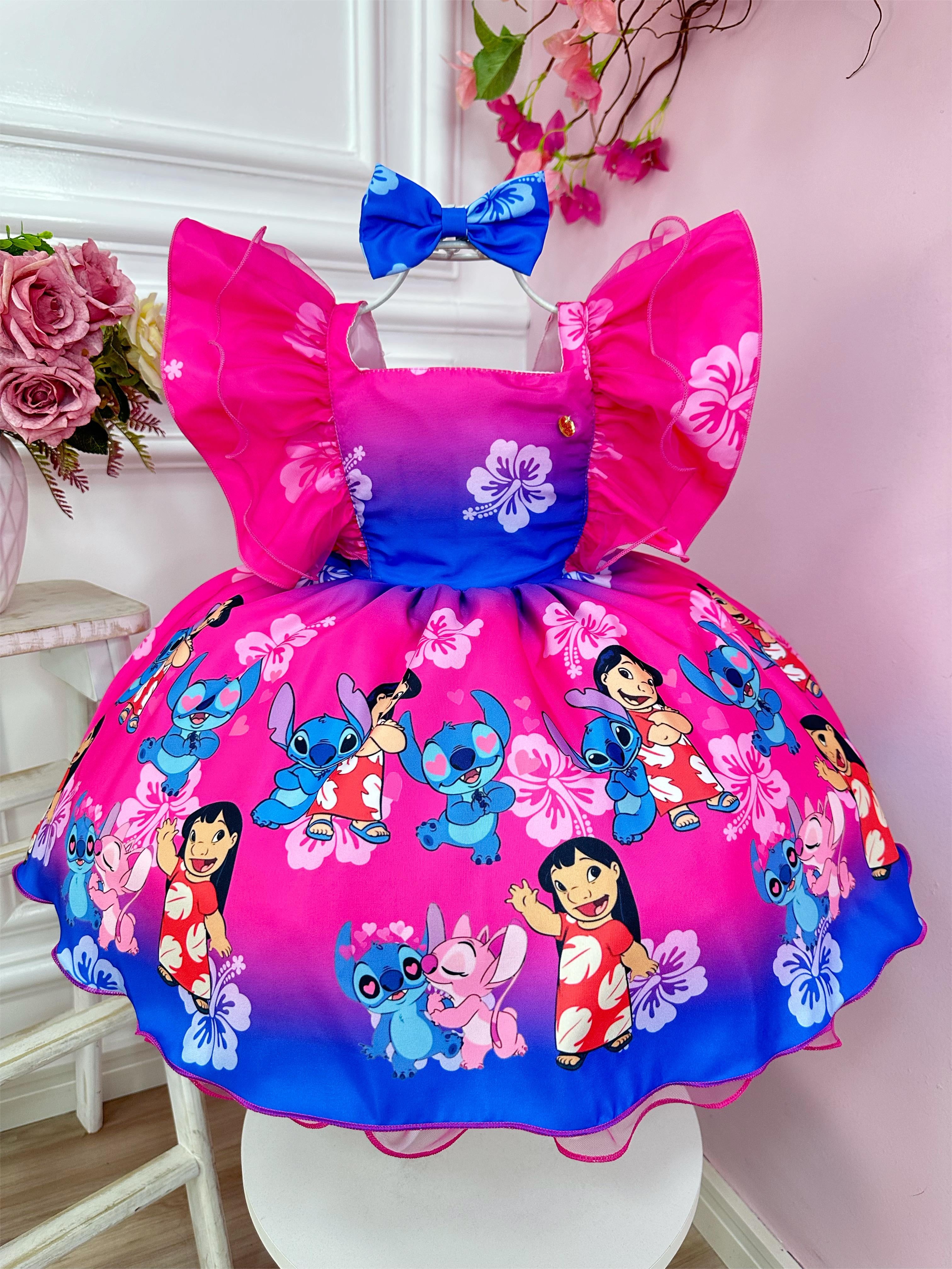 Vestido Infantil Lilo e Stitch Pink C/ Laço Festas