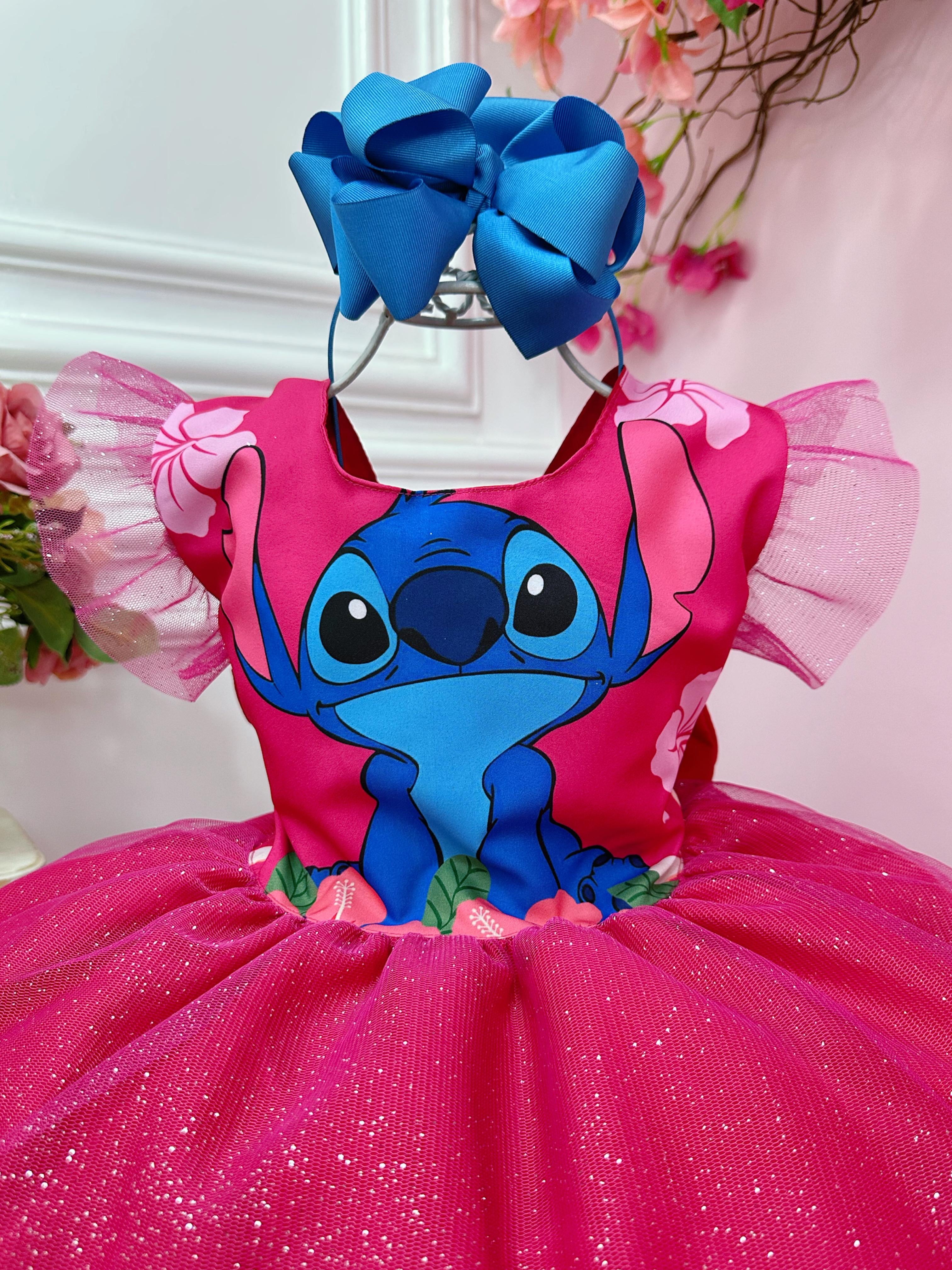 Vestido Infantil Lilo e Stitch Pink Com Glitter Festas