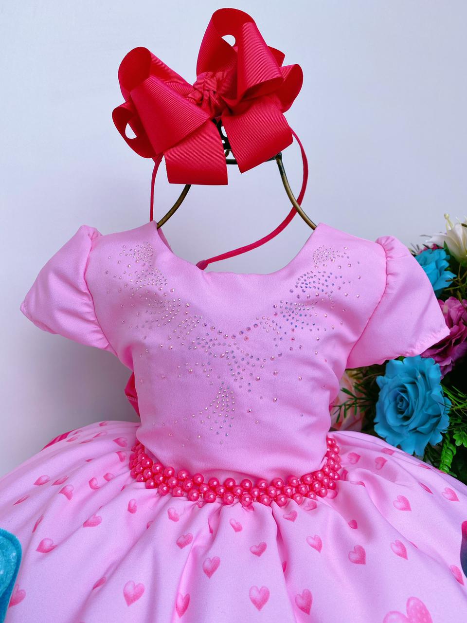 Vestido Infantil LOL Rosa Corações e Laços Cinto Pérolas