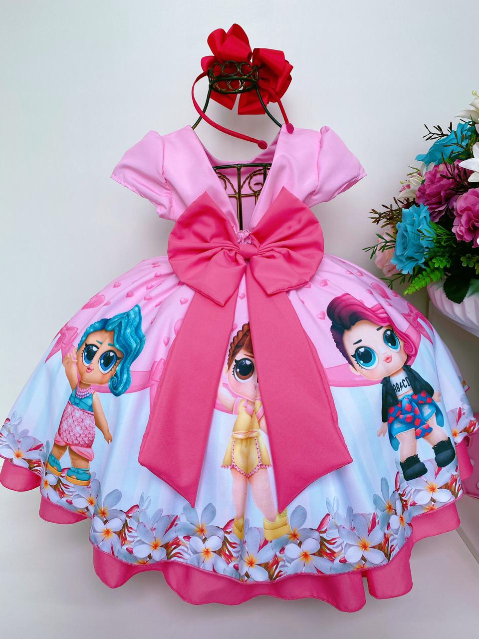 Vestido Infantil LOL Rosa Corações e Laços Cinto Pérolas