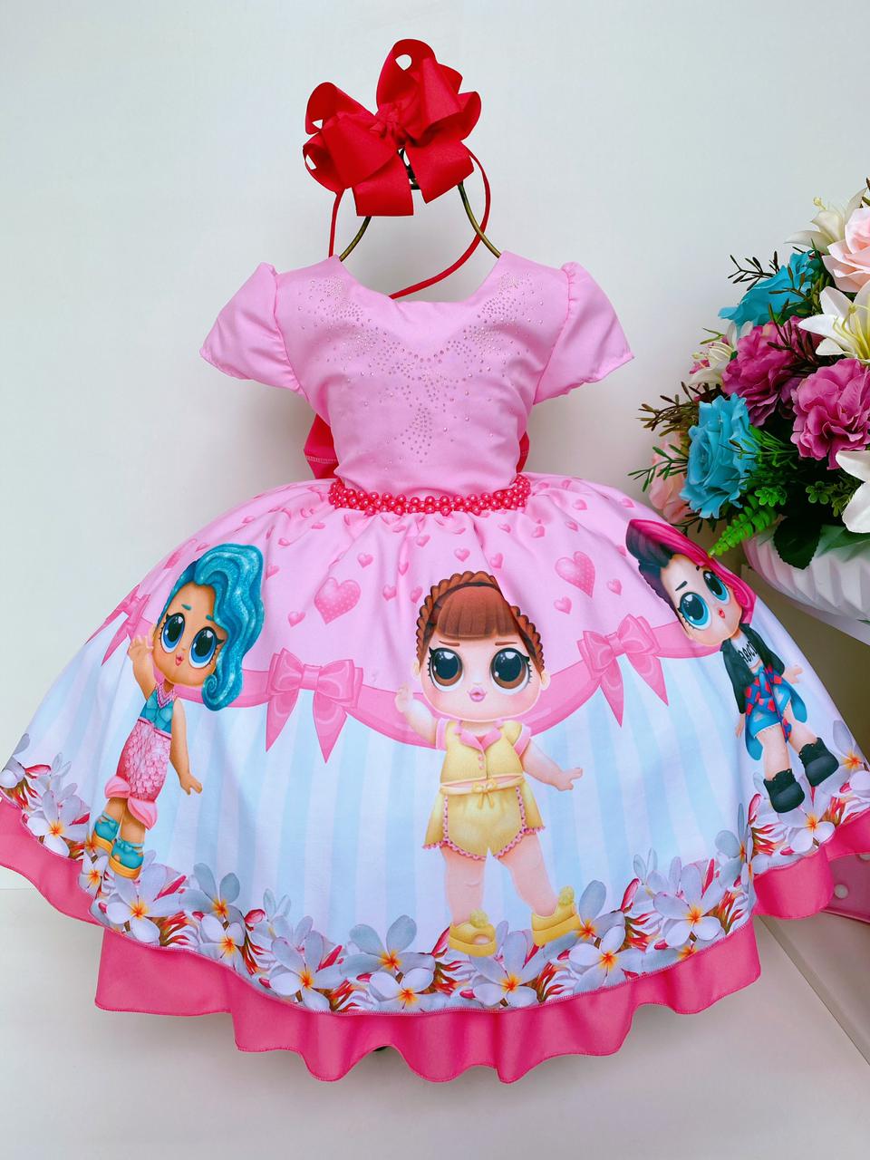 Vestido Infantil LOL Rosa Corações e Laços Cinto Pérolas