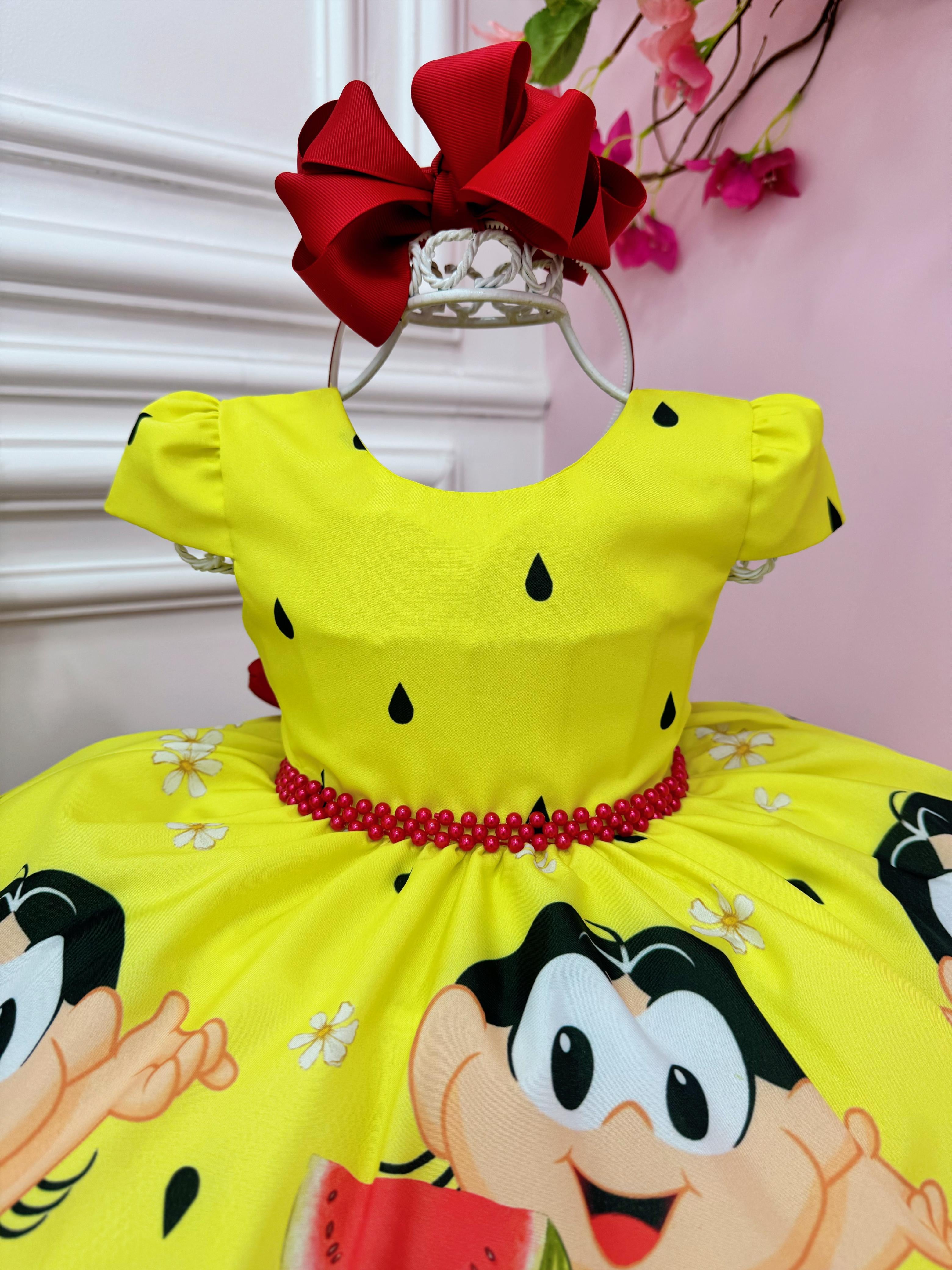 Vestido Infantil Magali Amarelo Busto C/ Pérolas Festas