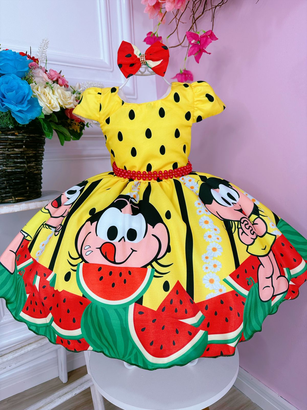 Vestido Infantil Magali Amarelo C/ Cinto de Pérolas e Laço