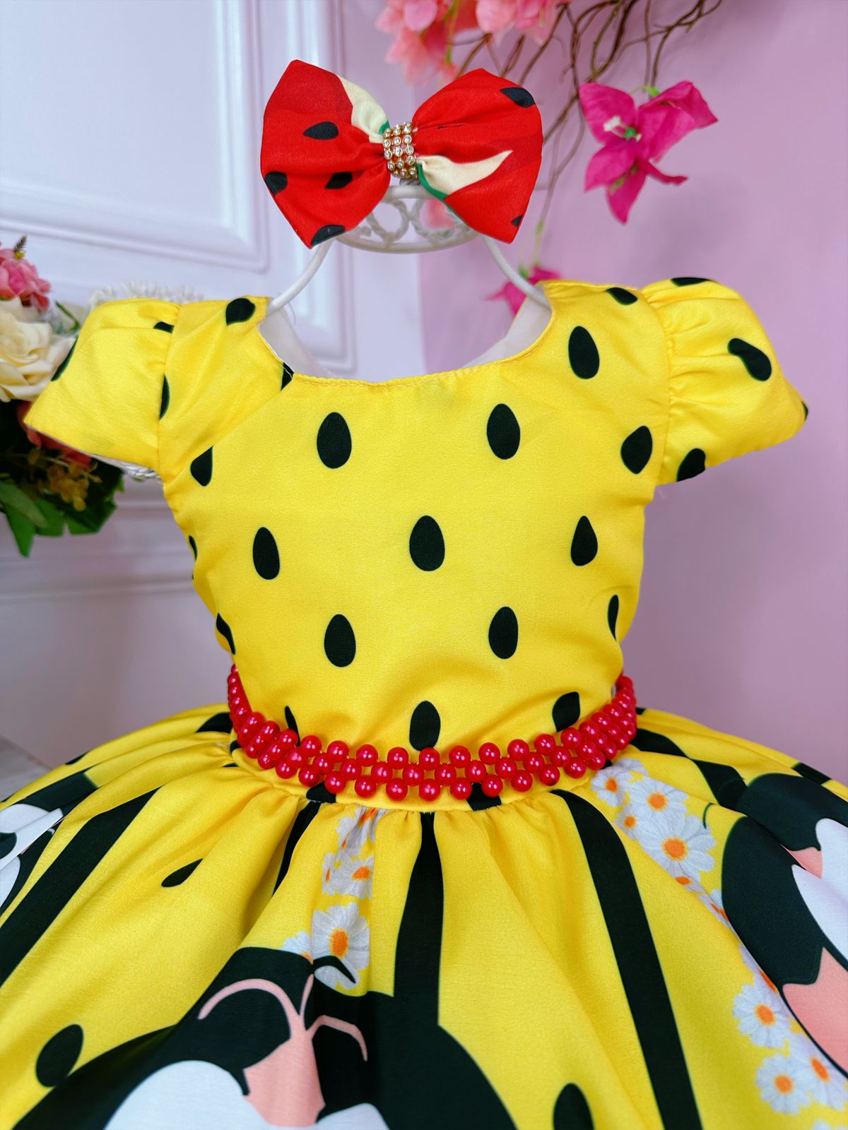 Vestido Infantil Magali Amarelo C/ Cinto de Pérolas e Laço